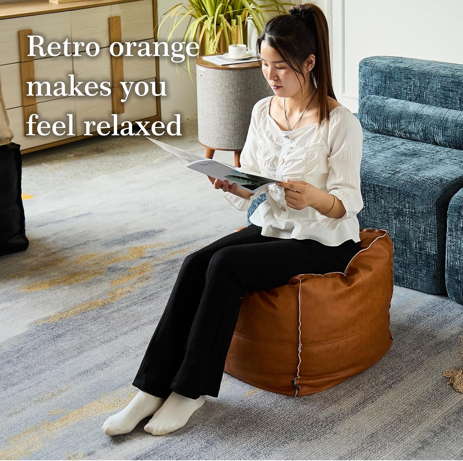 Pouf Ottoman, Unstuffed Pouf Cover, Handmade Faux PU Leather Moroccan, Orange Brown 17.7" Square, Foot Rest for Living Room, Floor Chair Gifts for Men Women, (Only Cover)