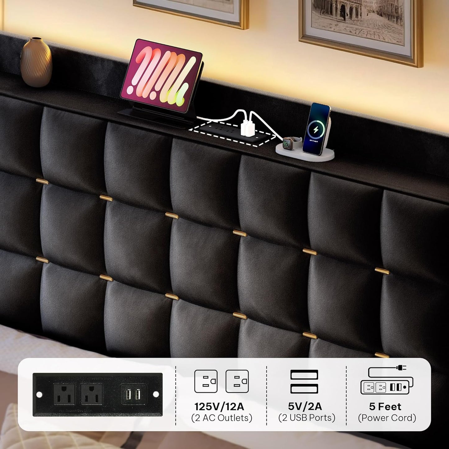 Queen Size Bed Frame with 4 Drawers and RGB LED Lights, Velvet Upholstered Platform Bed with Charging Station and Storage Headboard, No Box Spring Needed, Easy Assembly, Noise-Free, Black