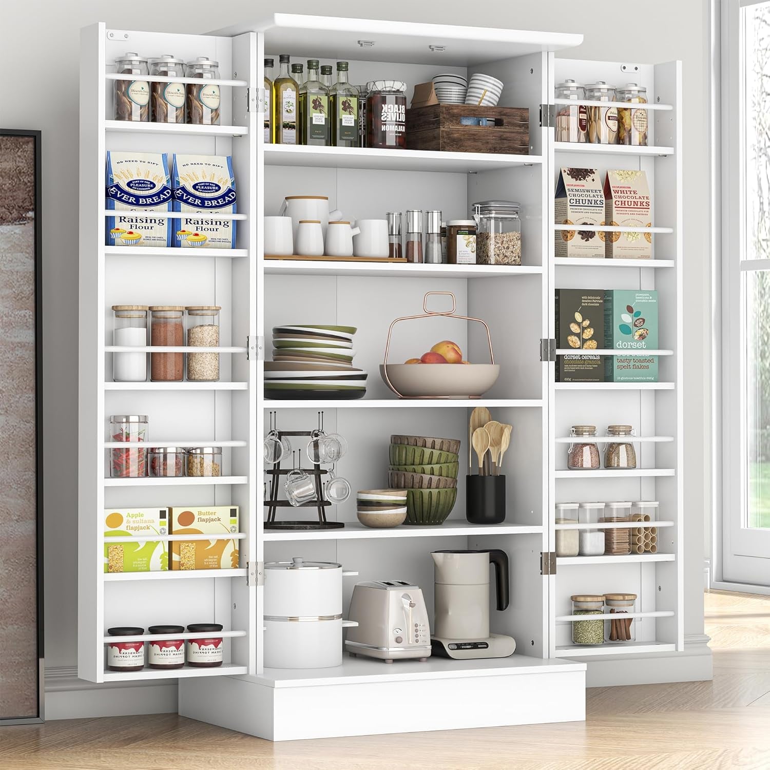 47” Pantry Cabinet, Kitchen Pantry Storage Cabinet with Doors and Adjustable Shelves,Freestanding Buffet Cupboards Sideboard for Living Room and Dinning Room (White)