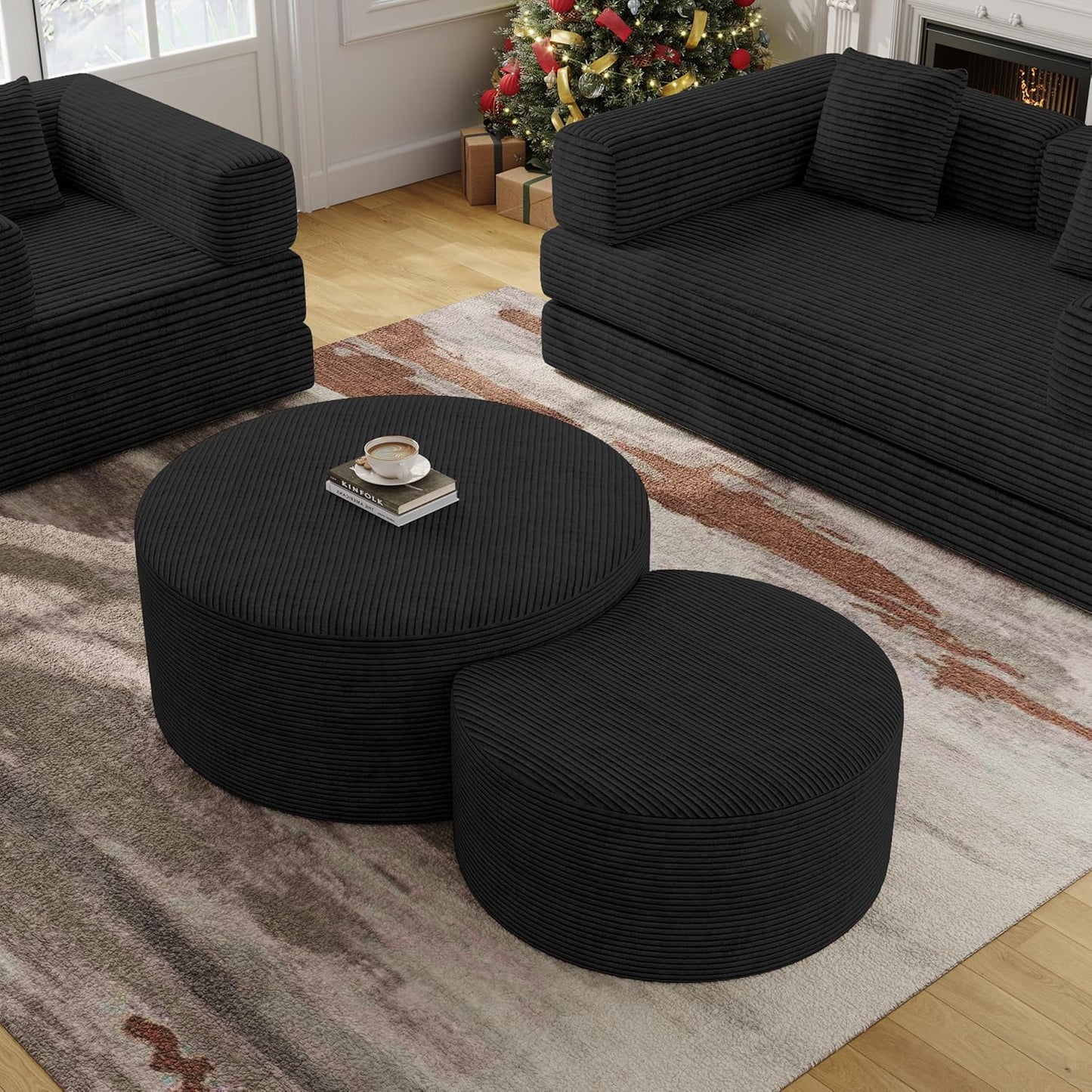 Nesting Coffee Table Set of 2, Upholstered round Corduroy Circle Foam round Side Table for Living Room, Entryway Set, 32"+17" Footrest No Assembly (Black, 32"+17")
