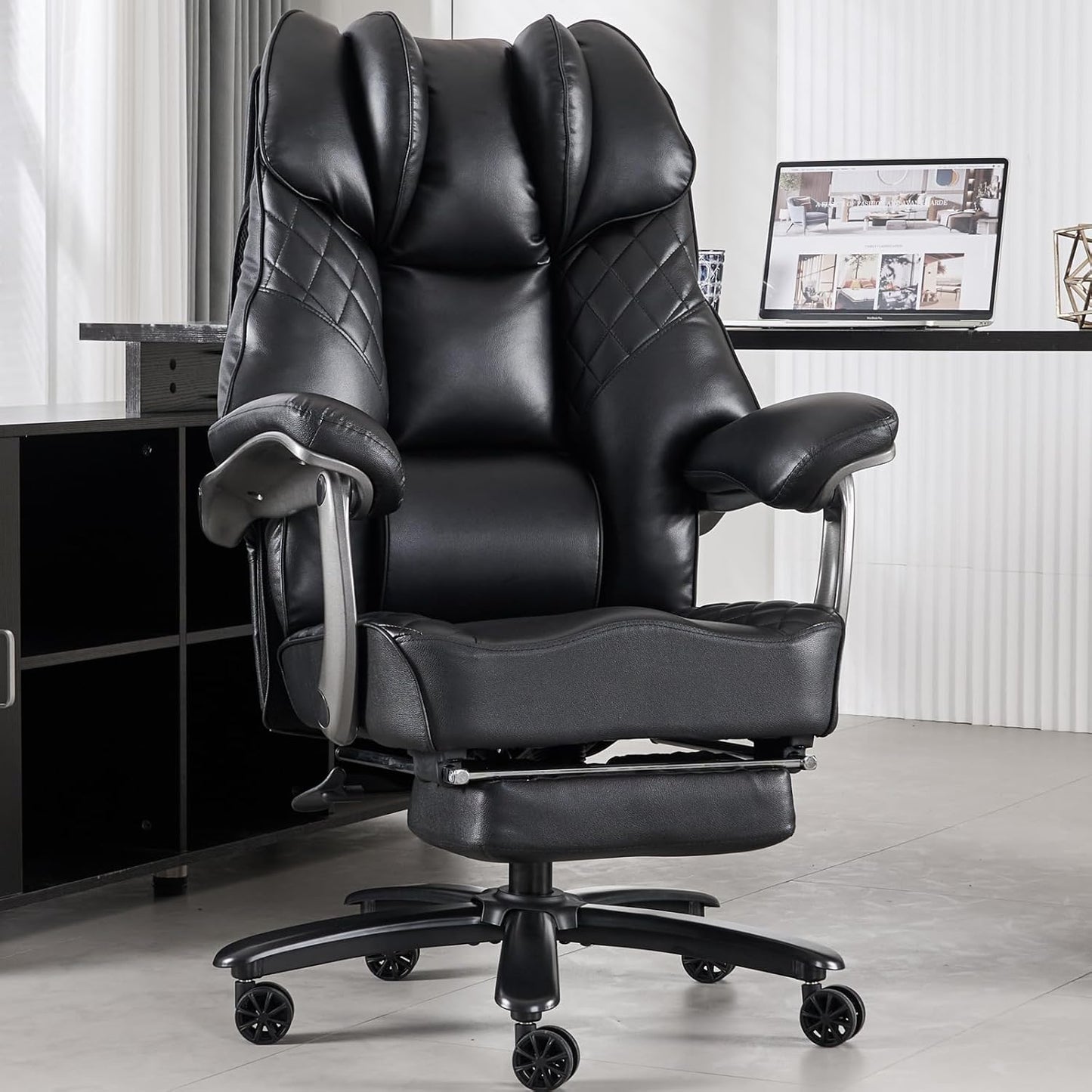 Big and Tall Office Chair 400Lbs for Heavy People, Wide Executive Office Chair with Foot Rest, High Back Ergonomic Desk Chairs Lumbar Support for Lower Back Pain, Leather Black