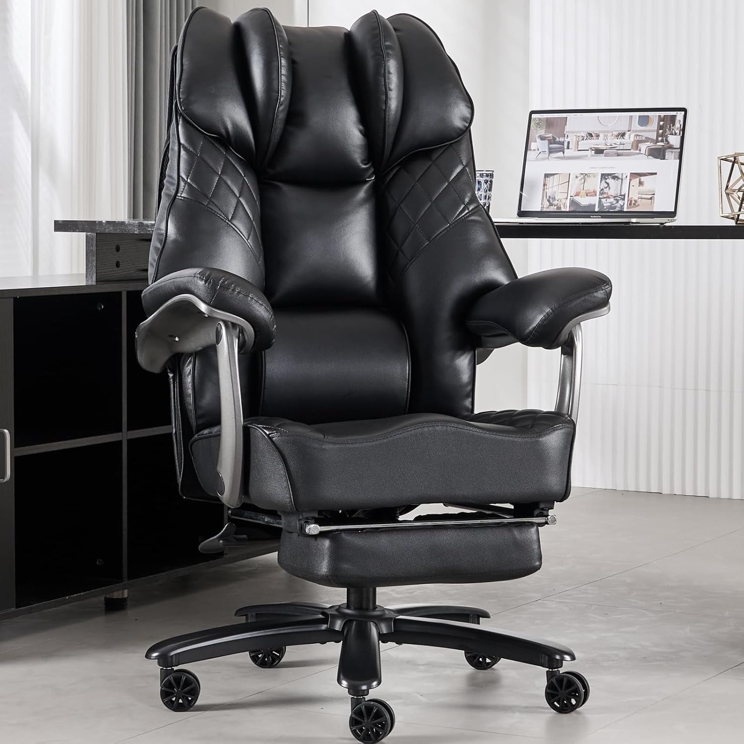 Big and Tall Office Chair 400Lbs for Heavy People, Wide Executive Office Chair with Foot Rest, High Back Ergonomic Desk Chairs Lumbar Support for Lower Back Pain, Leather Black