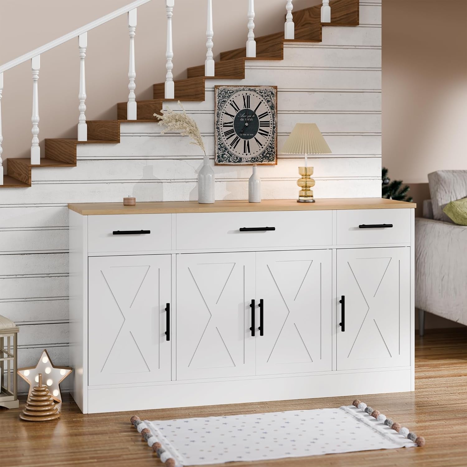 Buffet Cabinet with Storage, Farmhouse Storage Cabinet with 4 Doors and 3 Drawers, Wood Buffet Table with Adjustable Shelf for Living Room, White