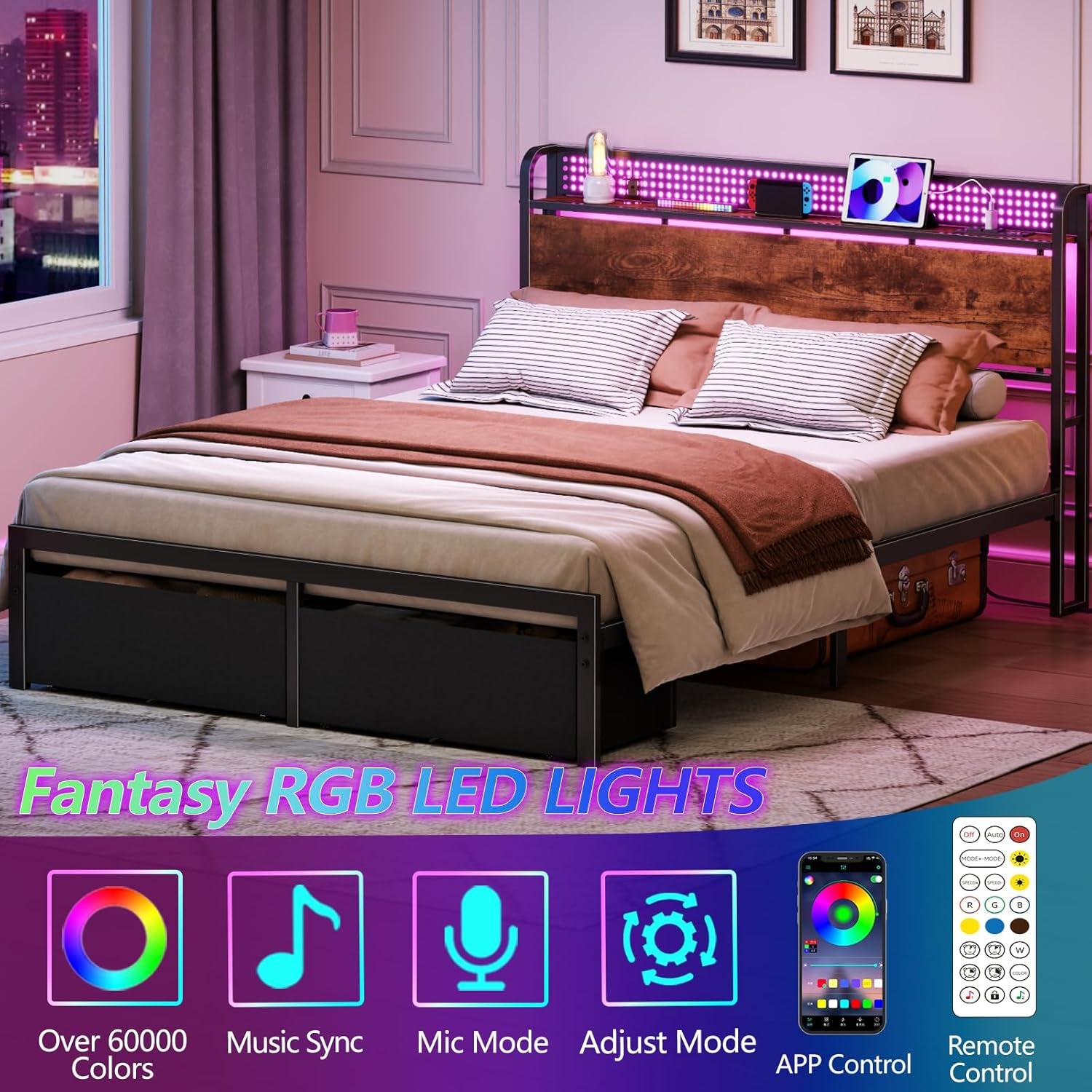 Queen Size Bed Frame with Headboard Storage, Platform Bed Frame Queen Size with 2 Drawers, Charging Station and LED Lights, No Box Spring Needed, Noise Free, Easy Assembly (1000 Lbs Capacity)