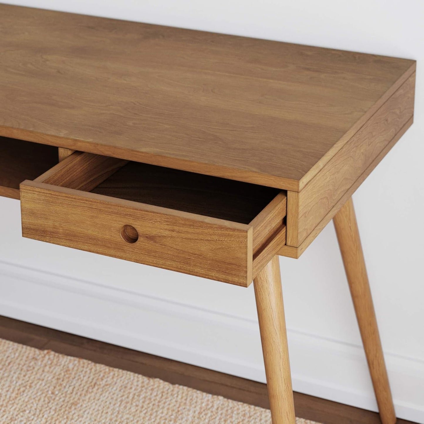 Parker Modern Home Office Writing, Computer or Laptop Desk with Open Storage Cubby and Small Drawer, Walnut