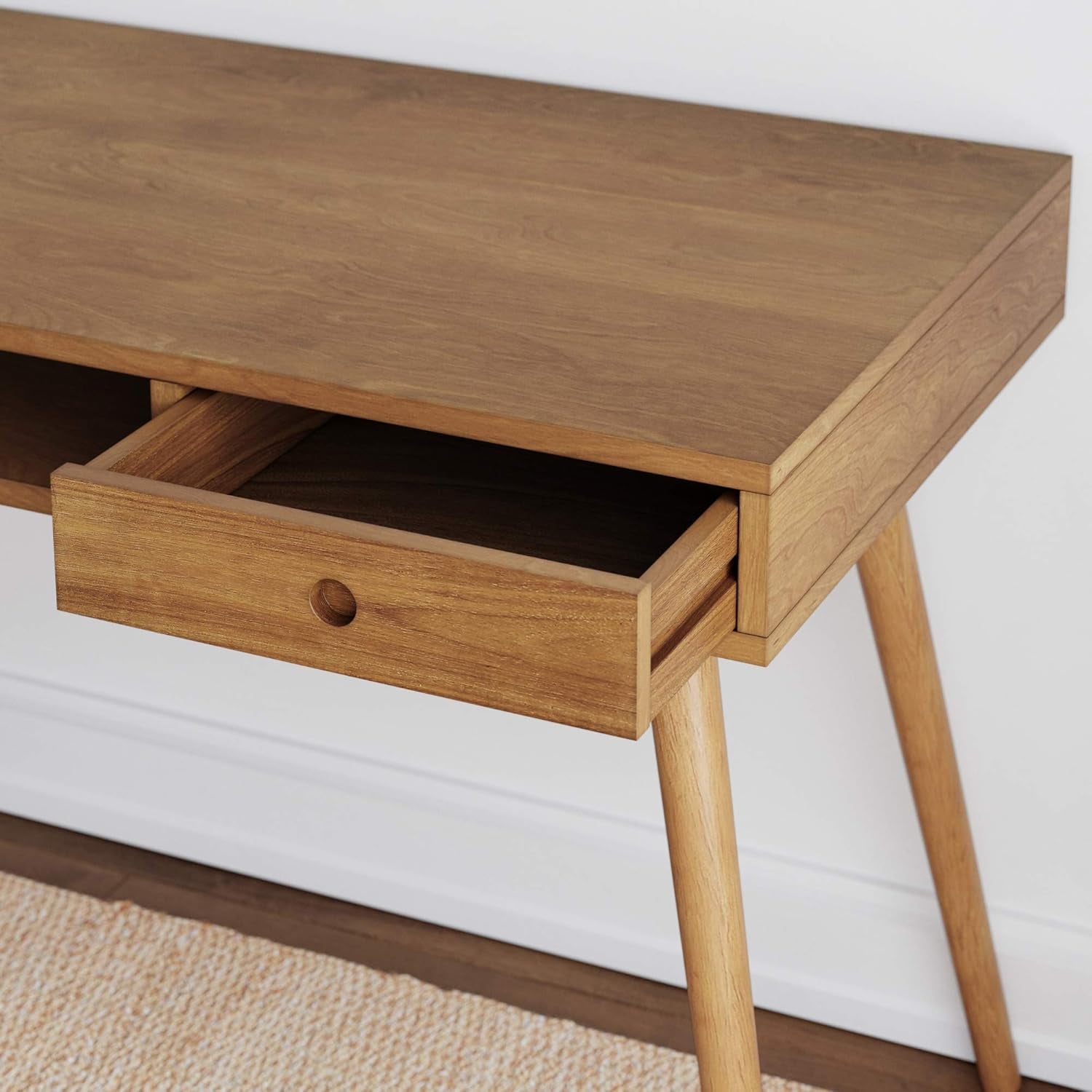 Parker Modern Home Office Writing, Computer or Laptop Desk with Open Storage Cubby and Small Drawer, Walnut