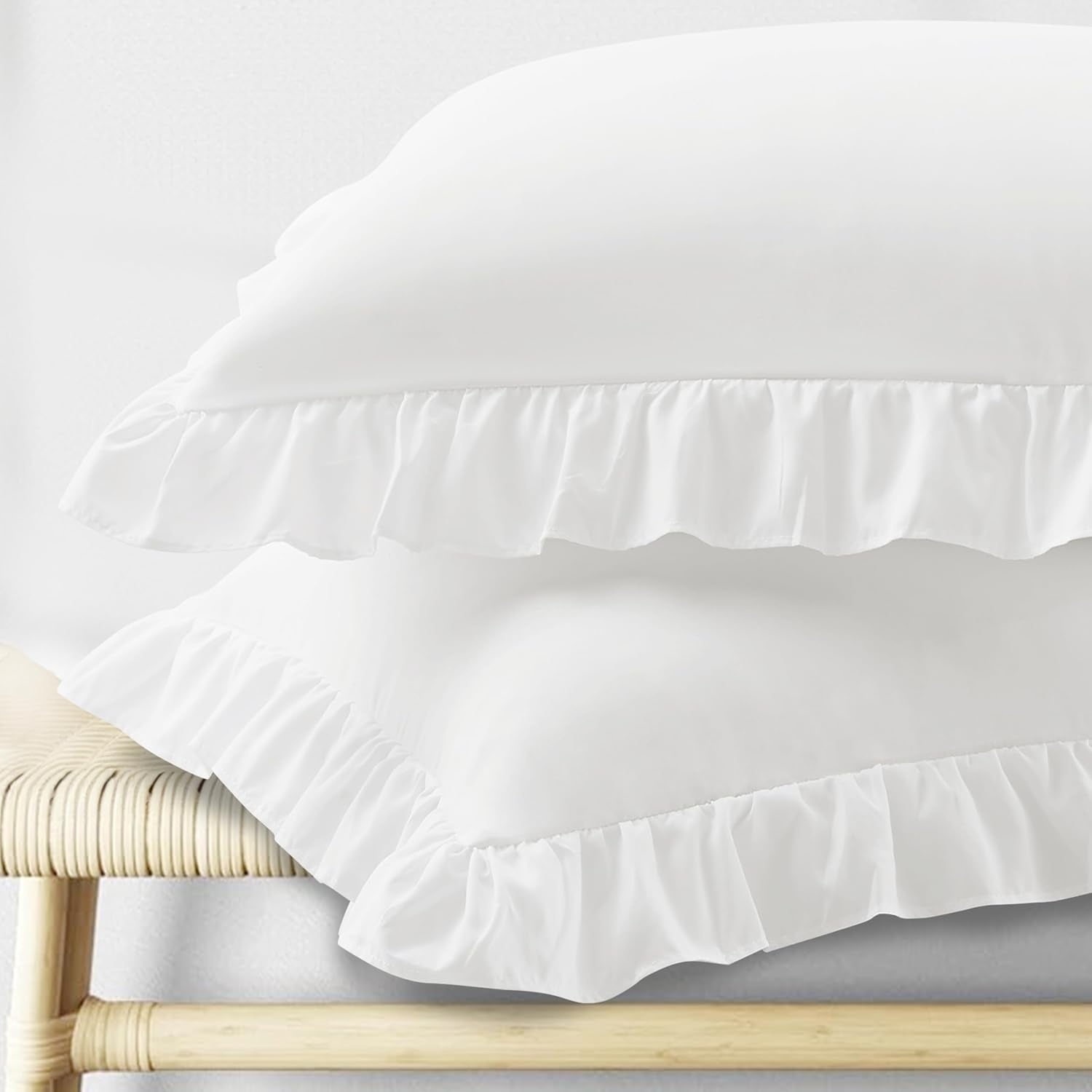 Ruffle Pillow Cases King Size Set of 2, Ruffled Pillow Covers with Envelope Closure, Wrinkle Resistant Pillowcases 20" X 36", Ruffled Pillow Shams, White