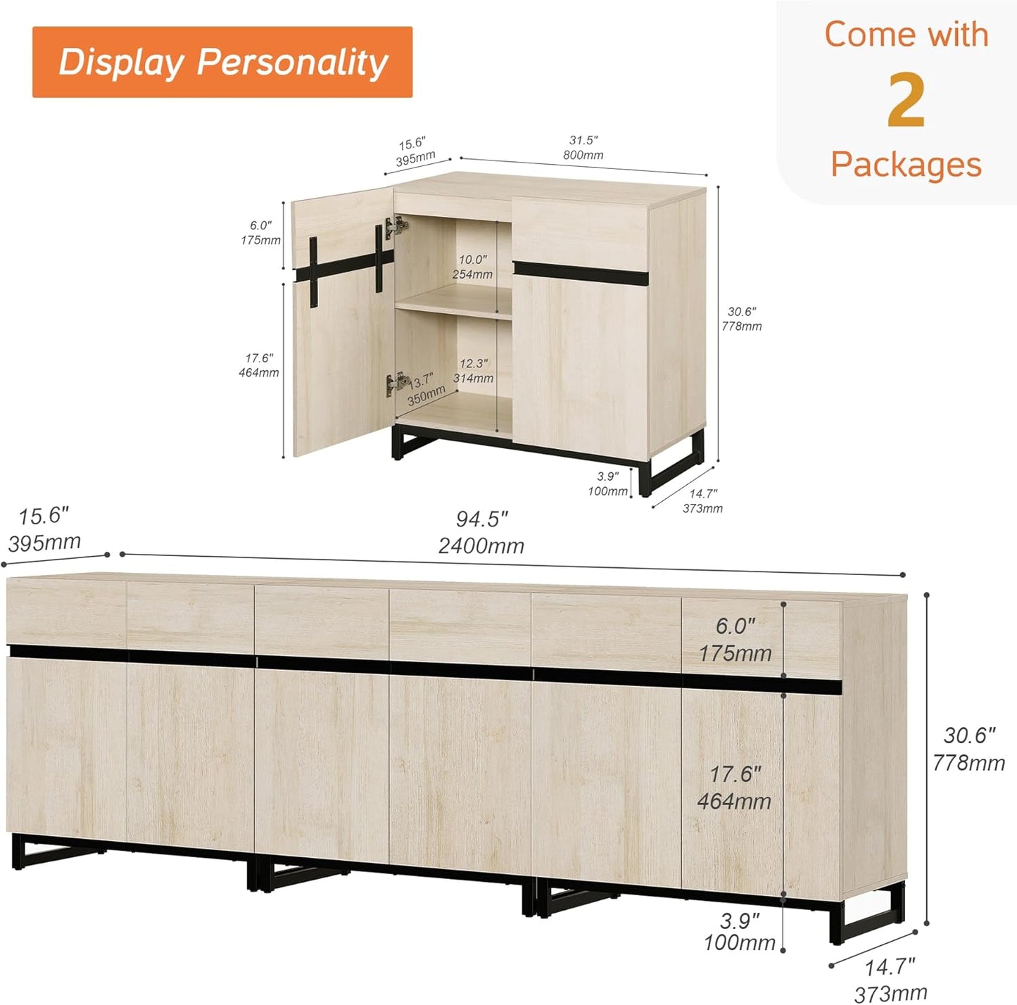 Modern TV Stand for Tvs up to 110 Inch, 3 in 1 Wood Entertainment Center Console Table with Adjustable Shelves and Metal Base for Living Room, Bedroom, Light Oak