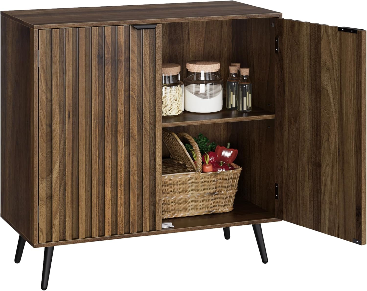 Fluted Sideboard Cabinet, Freestanding Walnut Buffet Cabinet with Adjustable Shelf, Wood Storage Cabinet for Living Room, Entryway, Hallway