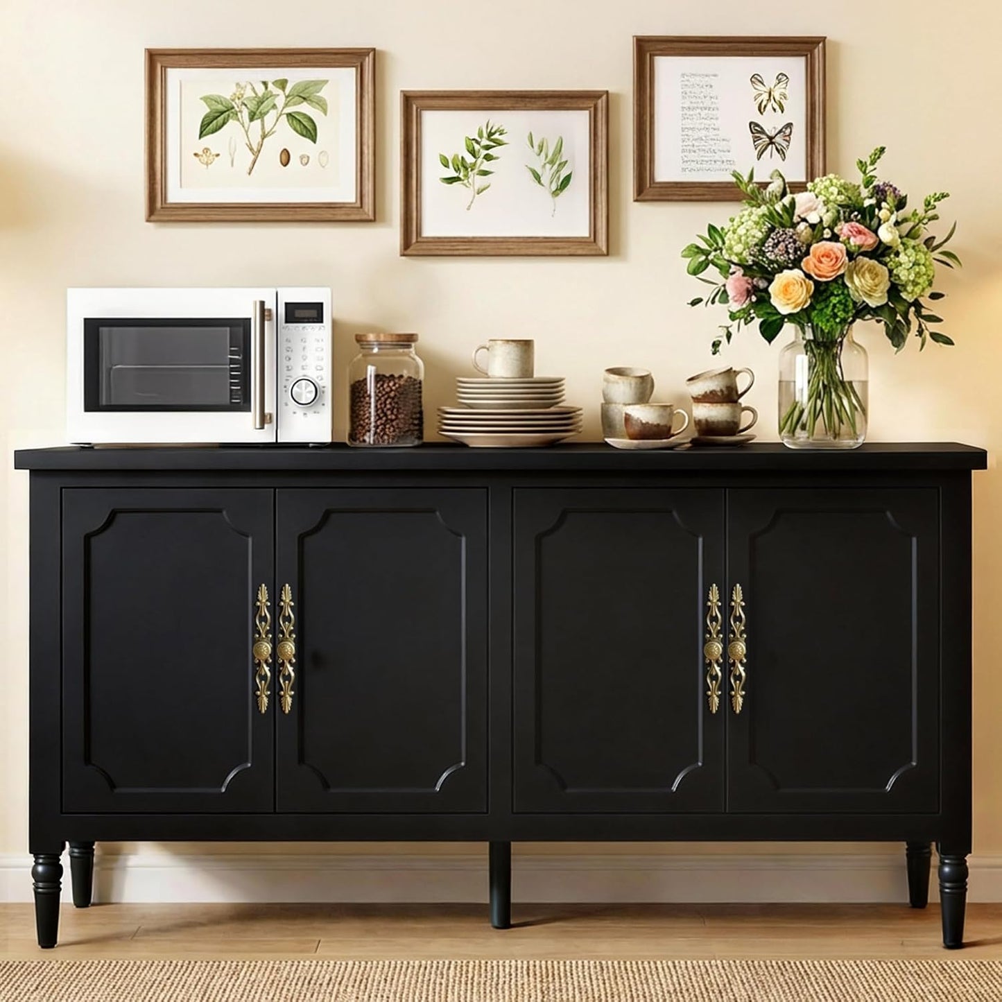 59'' Sideboard Buffet Cabinet with Storage, Modern Buffet Cabinet with Adjustable Shelves & Carved Handle, Mid Century Large Credenza Coffee Bar for Dining Room, Living Room (Satin Black)
