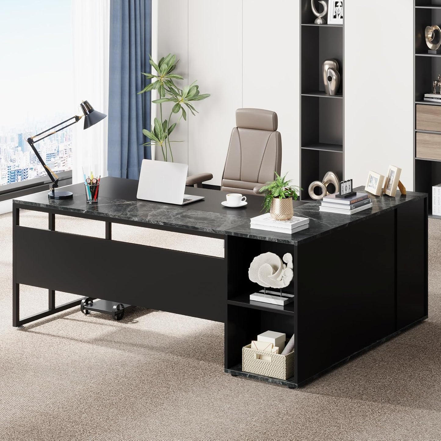71 Inch Executive Desk, L Shaped Desk with Cabinet Storage, Executive Office Desk with Shelves, Business Furniture Set Workstation for Home Office, Black