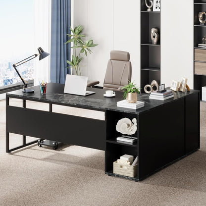 71 Inch Executive Desk, L Shaped Desk with Cabinet Storage, Executive Office Desk with Shelves, Business Furniture Set Workstation for Home Office, Black