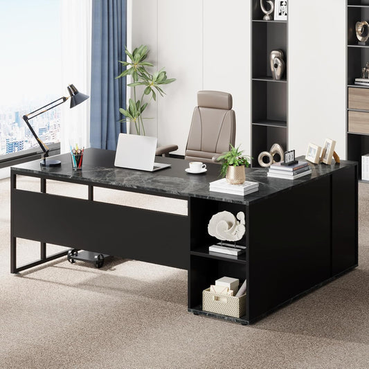 71 Inch Executive Desk, L Shaped Desk with Cabinet Storage, Executive Office Desk with Shelves, Business Furniture Set Workstation for Home Office, Black