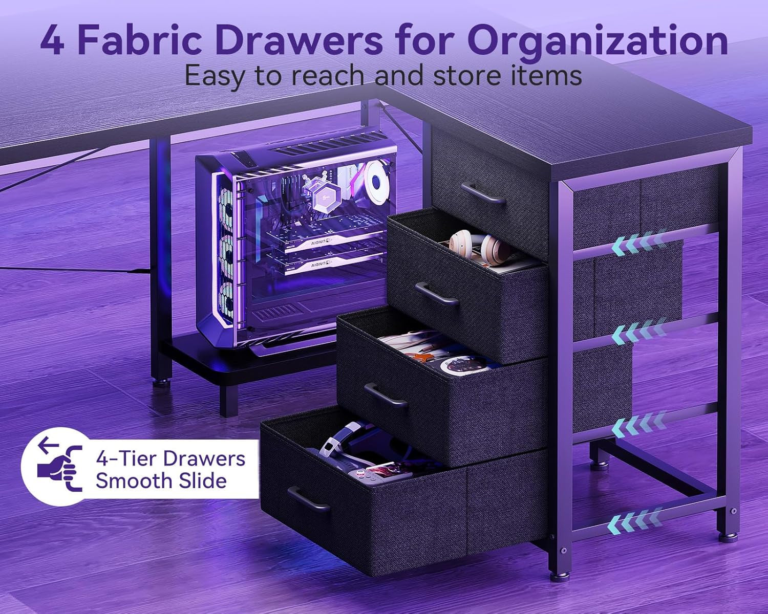 L Shaped Gaming Desk with 4 Drawers, 61" Reversible Home Office Desks with Power Outlets, L Shaped Computer Desk with USB Charging Port and Host Stand, Corner Desk, Easy to Assemble, Black