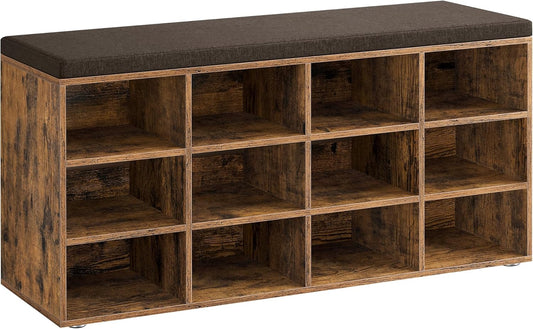 CUSTOS Collection - Shoe Bench, Storage Bench with Padded Seat, Entryway Bench with 12 Compartments, for Bedroom, 11.9 X 40.9 X 18.9 Inches, Rustic Brown and Chestnut Brown ULHS012B01