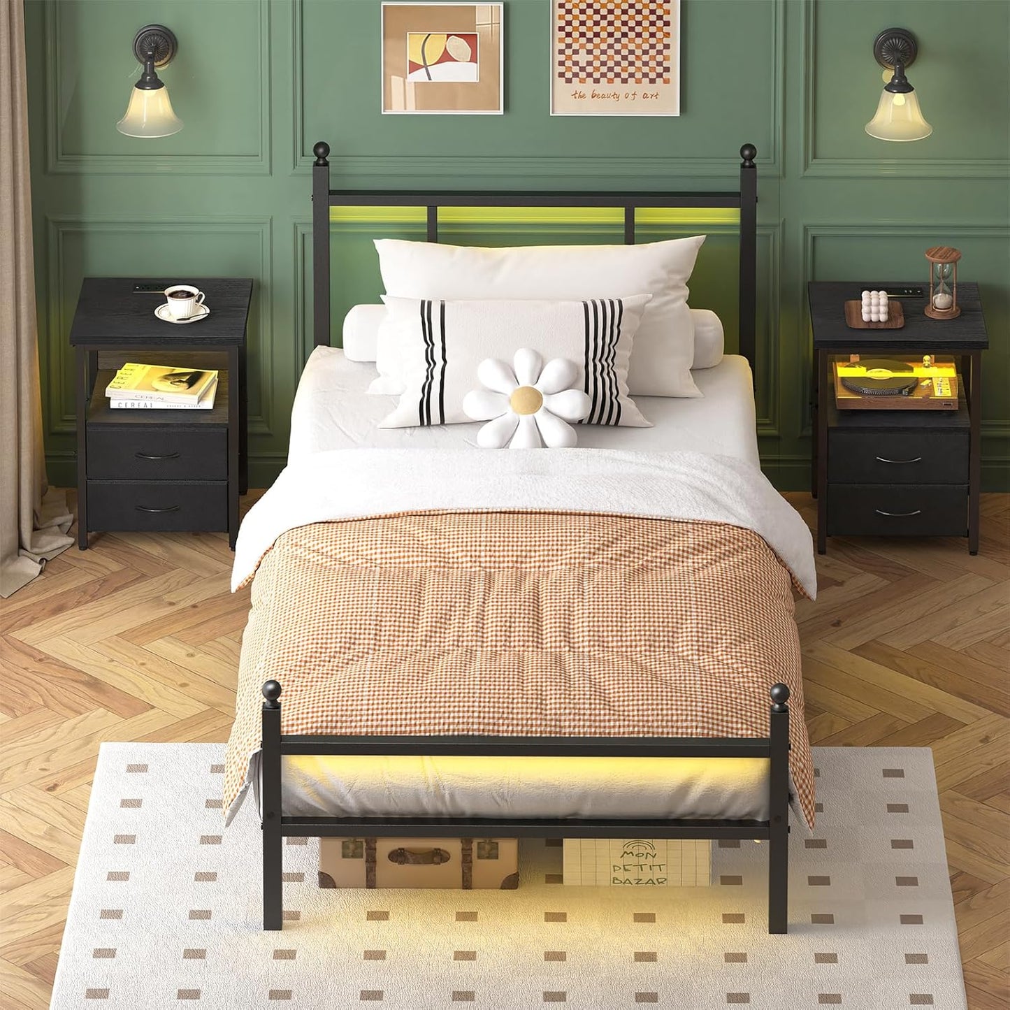 Twin Bed Frame with Charging Station, Metal Bed Frame with Port and Outlet, Black