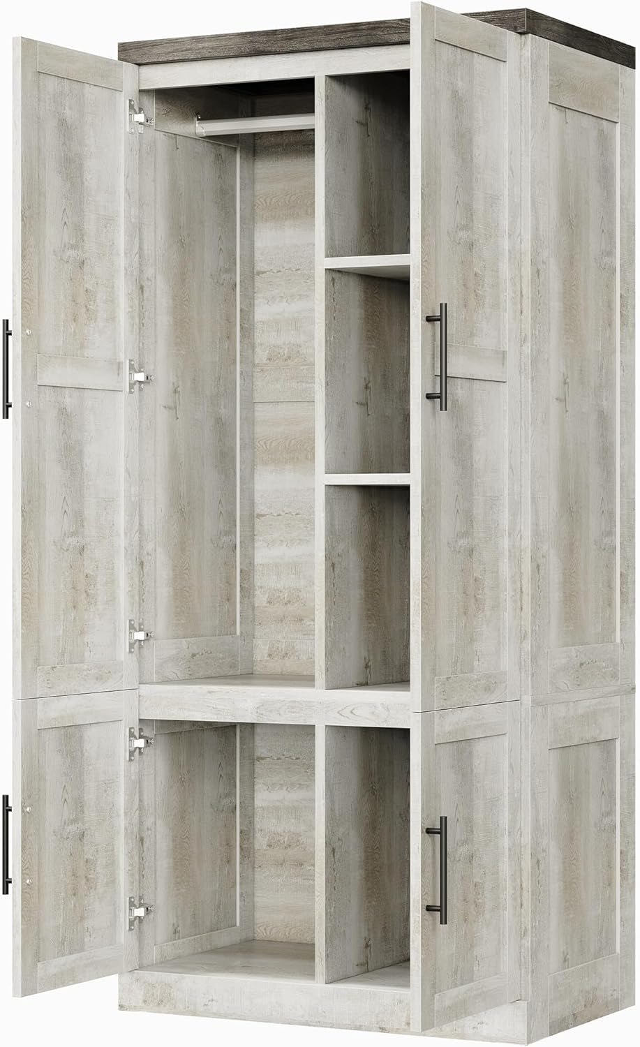 Large Wardrobe Closet, Farmhouse Clothing Storage Cabinet with Hanging Rod and 2 Doors, Wooden Tall Bedroom Armoires with Storage Shelves, Rustic White