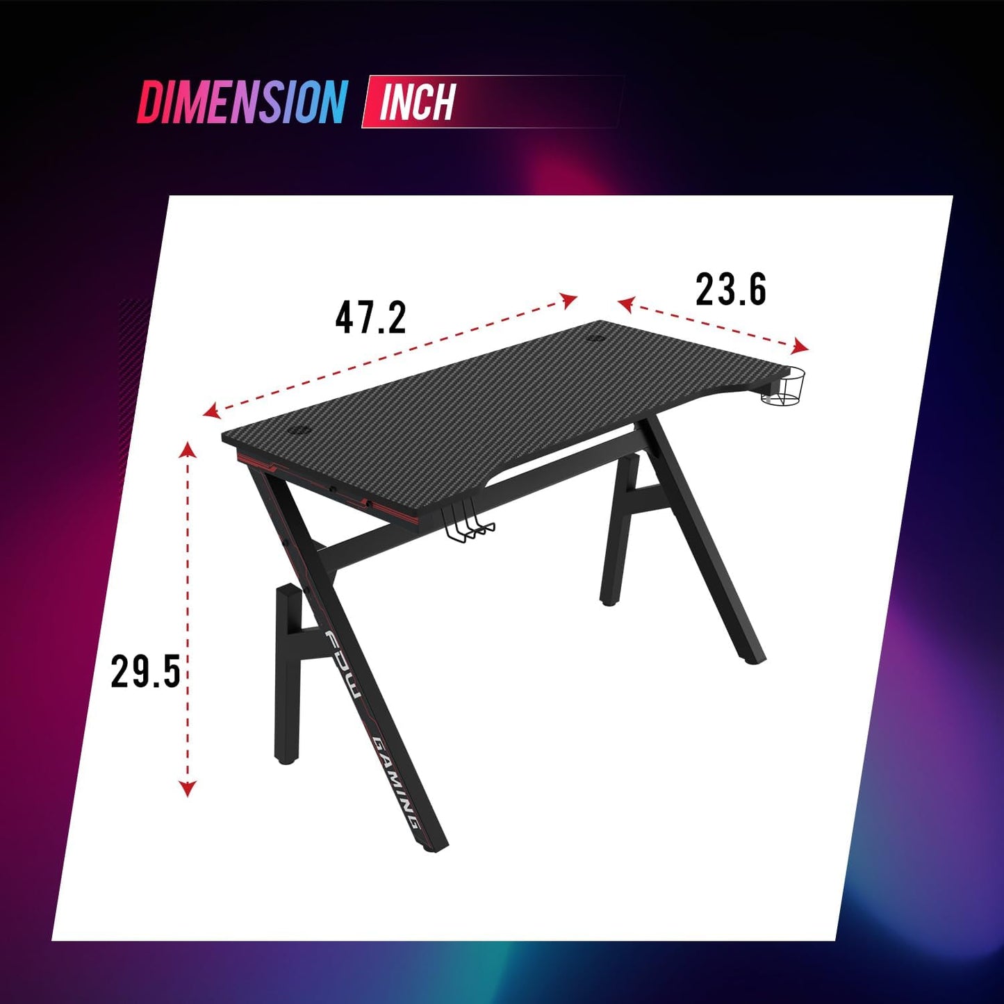 | 47" Gaming Desk | Red | Carbon Fiber Textured Computer Desk | Sturdy Steel Frame, Cup Holder, Headphone Hook, Cable Management Holes, Adjustable Leg Pads | for Gamers, Home, Office