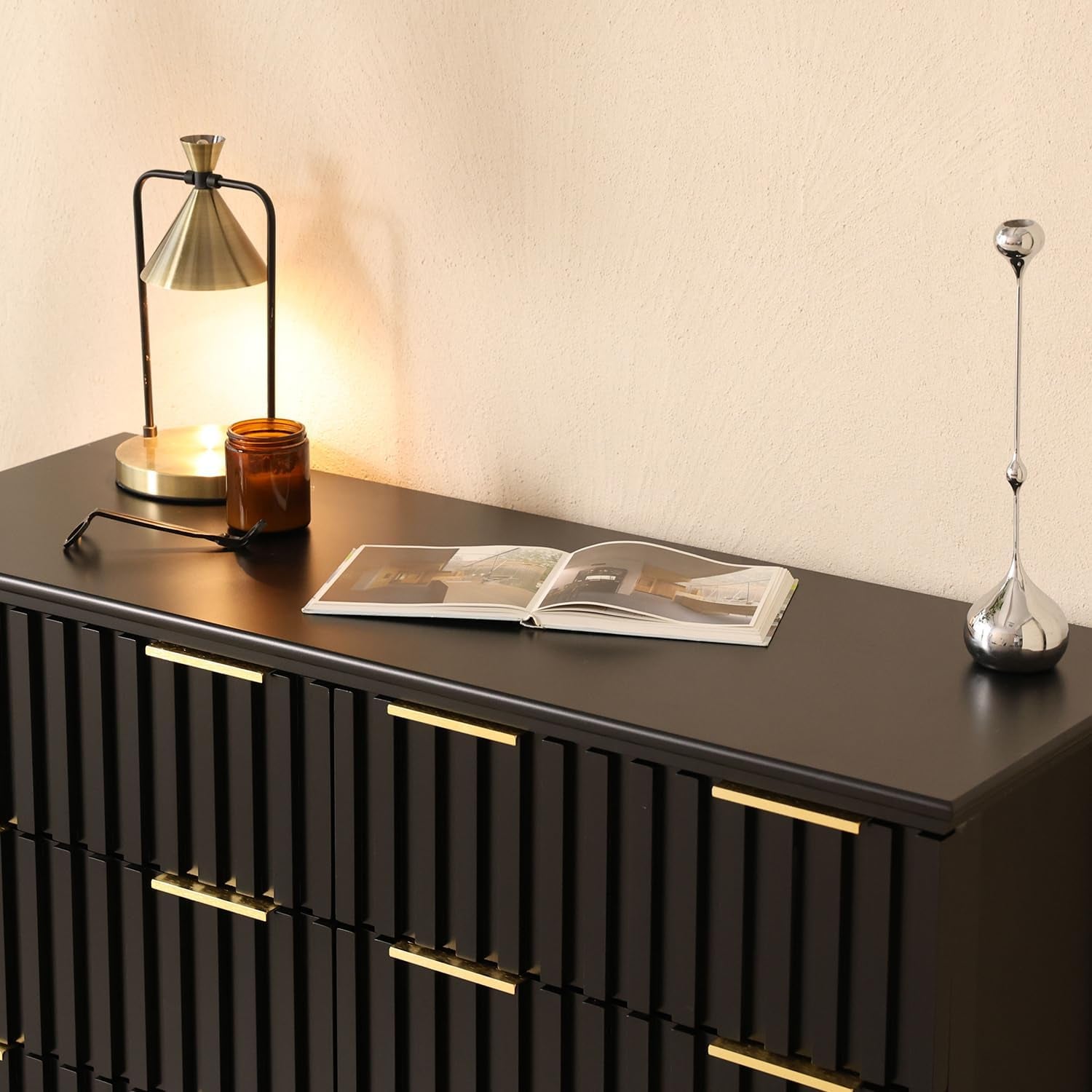 3 Piece Dresser and Nightstand Sets Modern Fluted Bedroom Set with 6 Drawer Dresser & 2 Nightstands,Mdf Wood, Gold Handles, Black Finish, Storage Furniture for Bedroom, Closet, Apartment