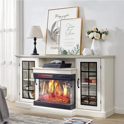 Fireplace TV Stand, 59'' TV Stand with Fireplace, 24'' Electric Fireplace Insert with Realistic 3D Flame Effect and LED Lights, Entertainment Center with Storage, White