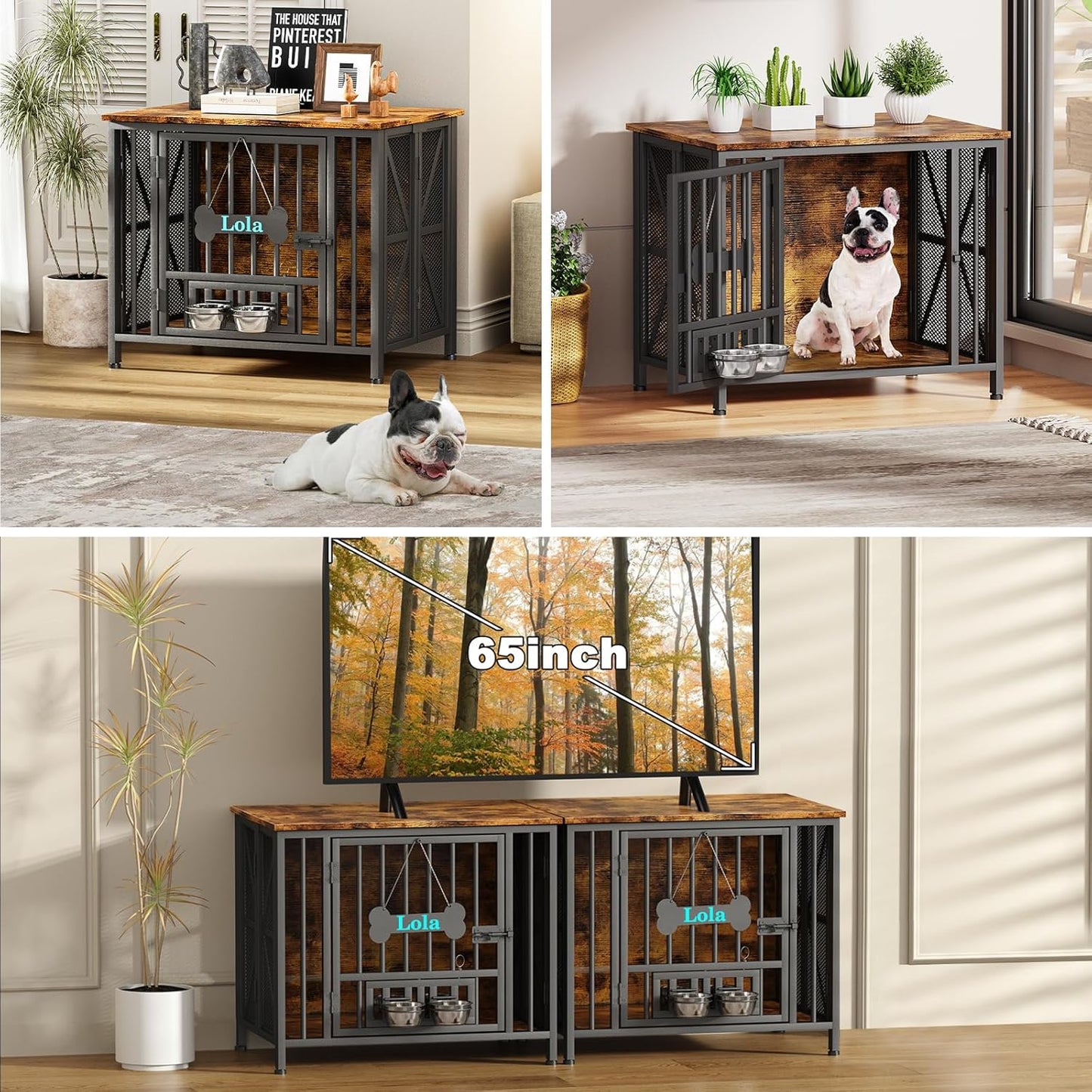 Dog Crate Furniture, 31.5" Assembly-Free Dog Crates for Small & Medium Dogs, Foldable Dog Kennel Indoor with Tag & Adjustable Dog Bowls, Wooden Dog Cage Use as End Table, Rustic Brown
