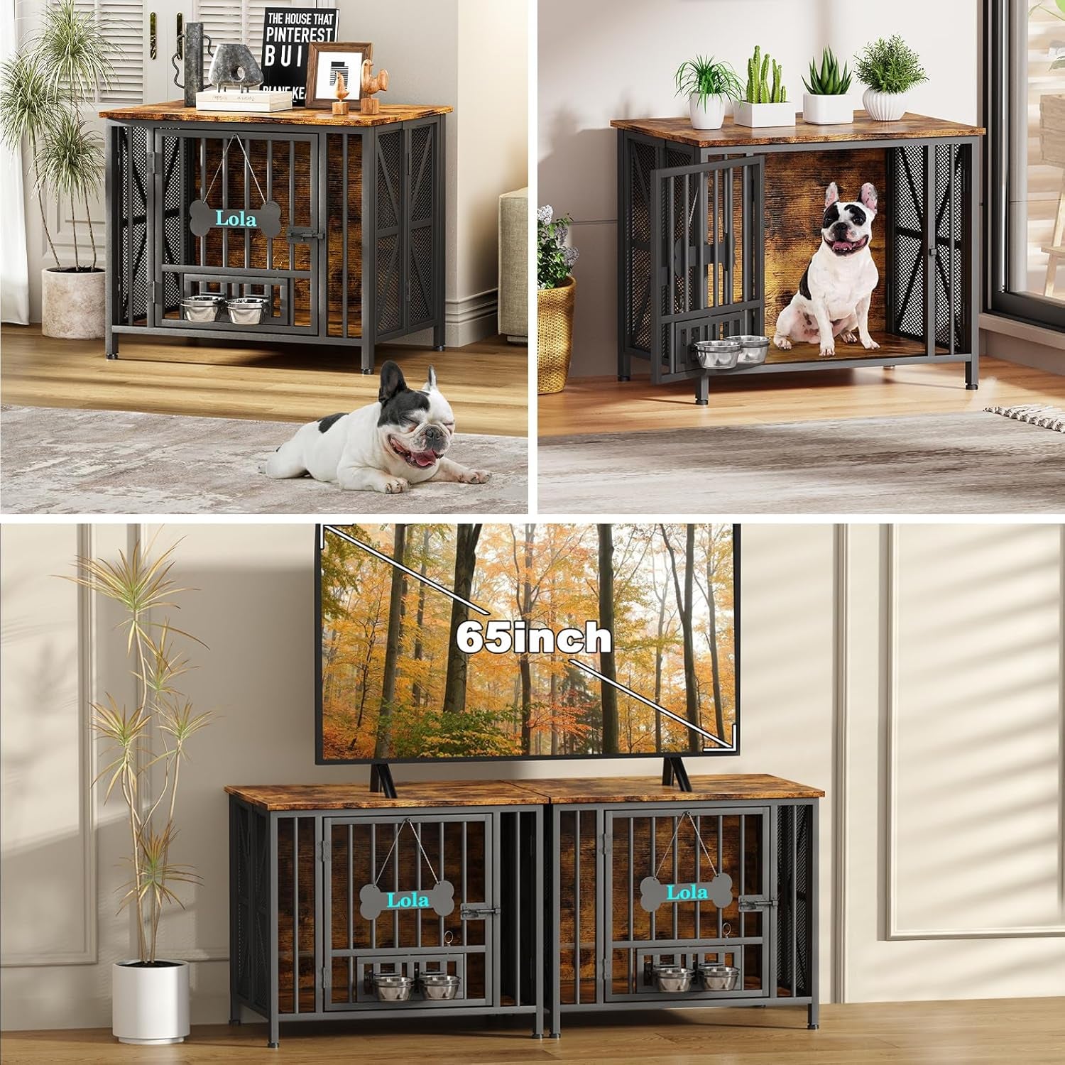 Dog Crate Furniture, 31.5" Assembly-Free Dog Crates for Small & Medium Dogs, Foldable Dog Kennel Indoor with Tag & Adjustable Dog Bowls, Wooden Dog Cage Use as End Table, Rustic Brown