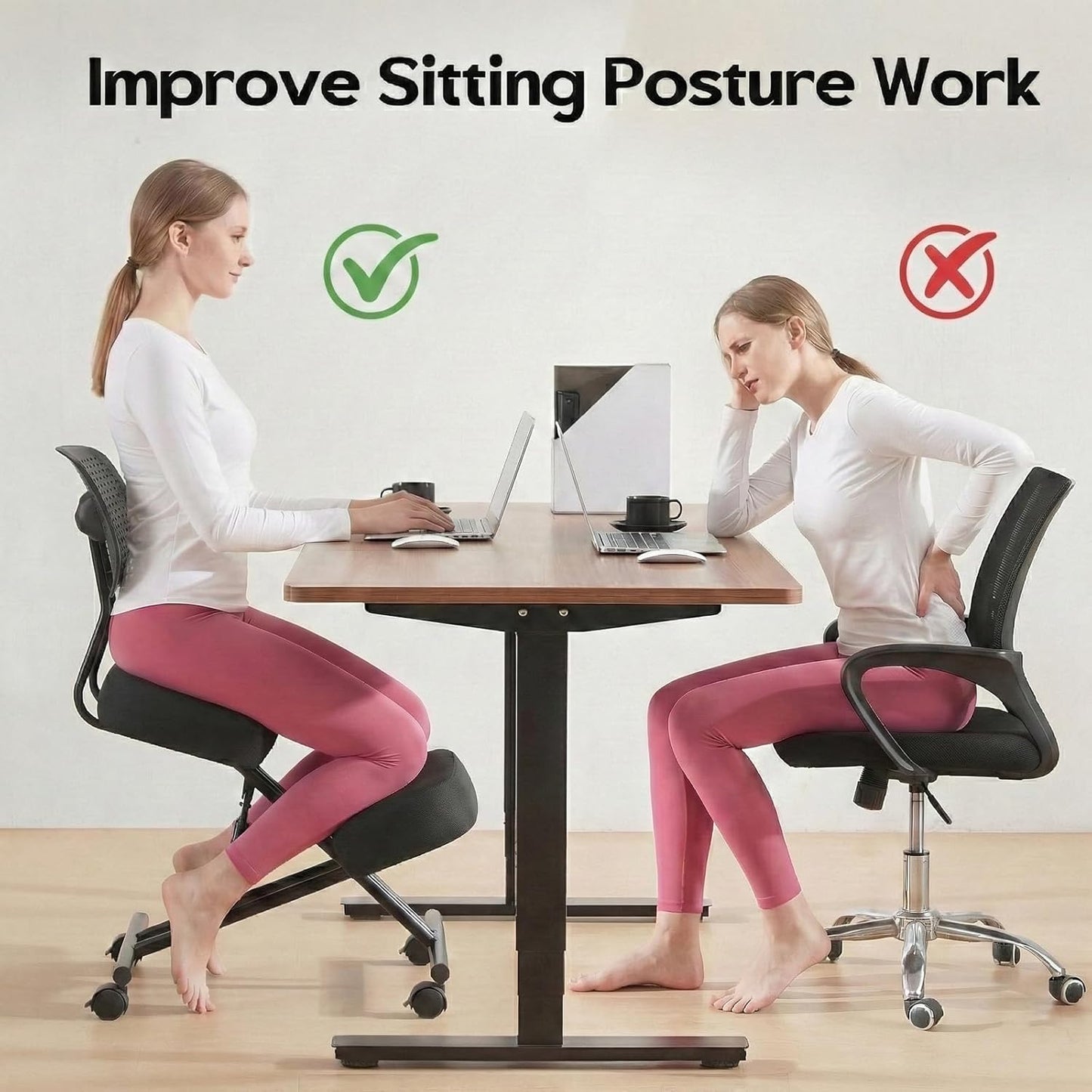 Kneeling Chairs with Backrest Linen Ergonomic Home Office Chair Adjustable Height Seat Rolling Wheels Comfort Thick Cushion Work Stool Improve Posture Chair