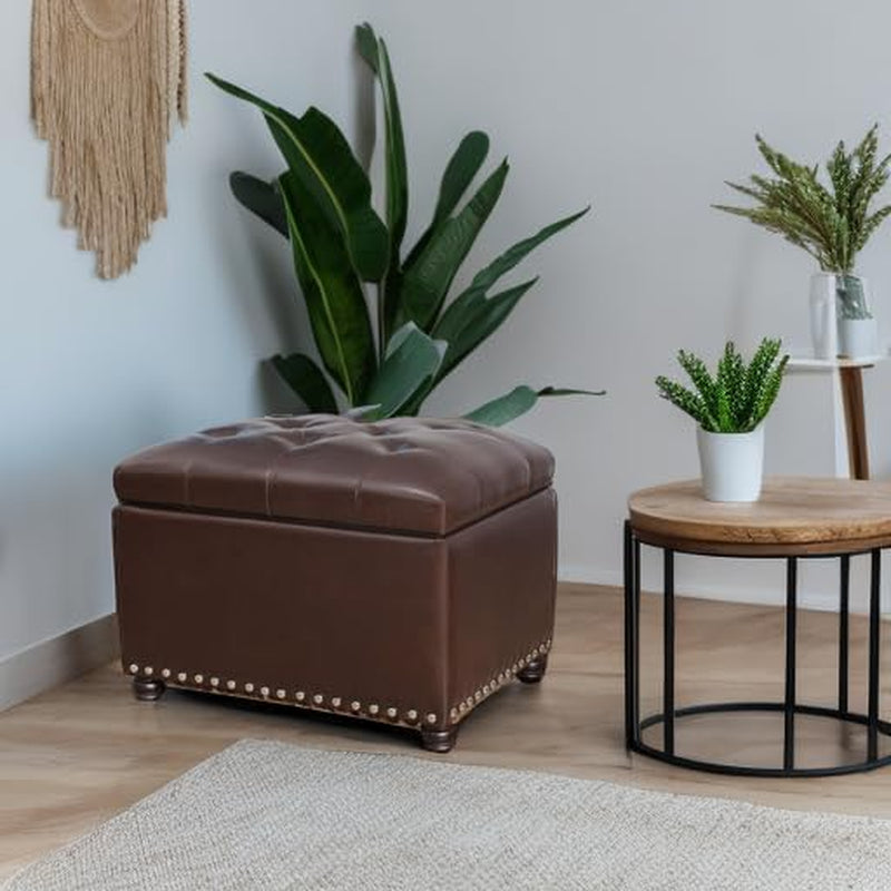 Faux Leather Storage Ottoman Bench Rectangle 24 Inch Foot Rest Ottomans (Brown)