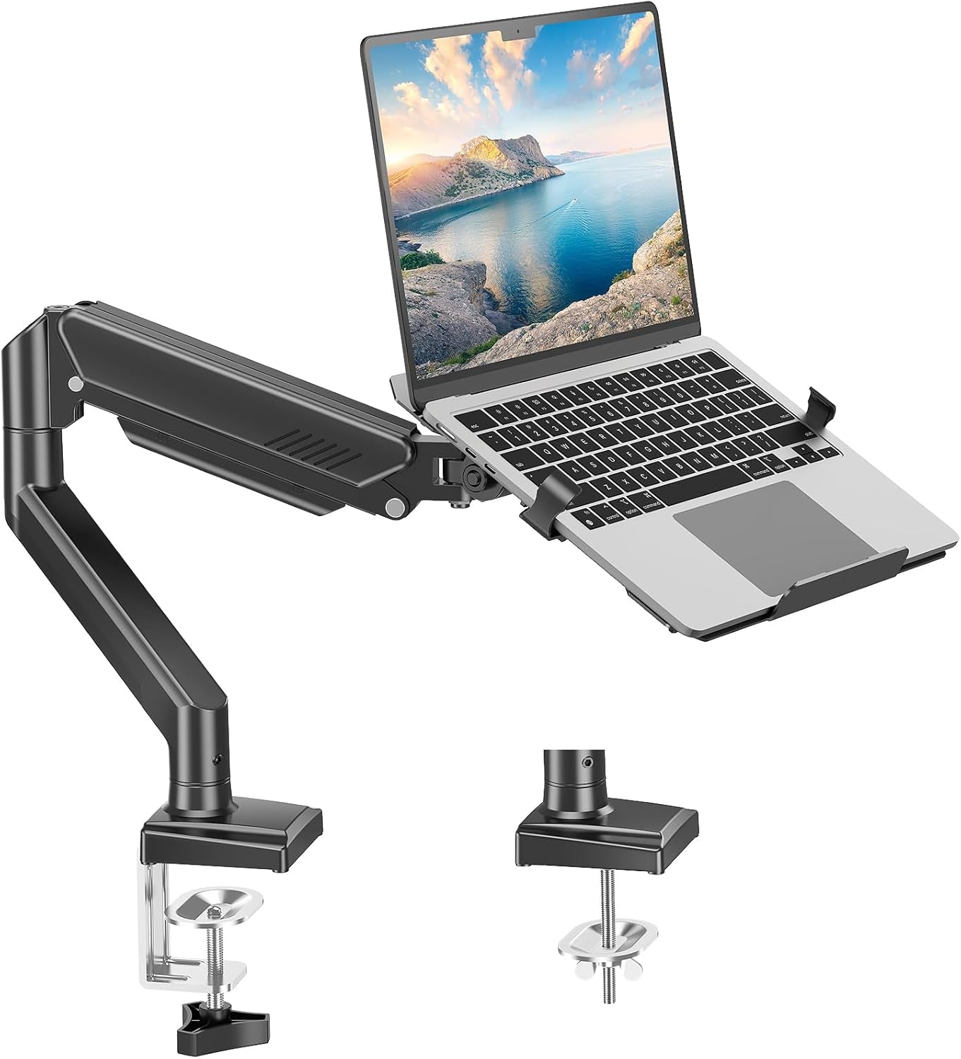 Laptop Arm Mount for Desk, 2 in 1 Function Monitor Laptop Stand, Fits Max 17" Notebook and 32" Computer Screen, Aluminum Single Monitor Holder with Adjustable Tray, Holds up to 22Lbs