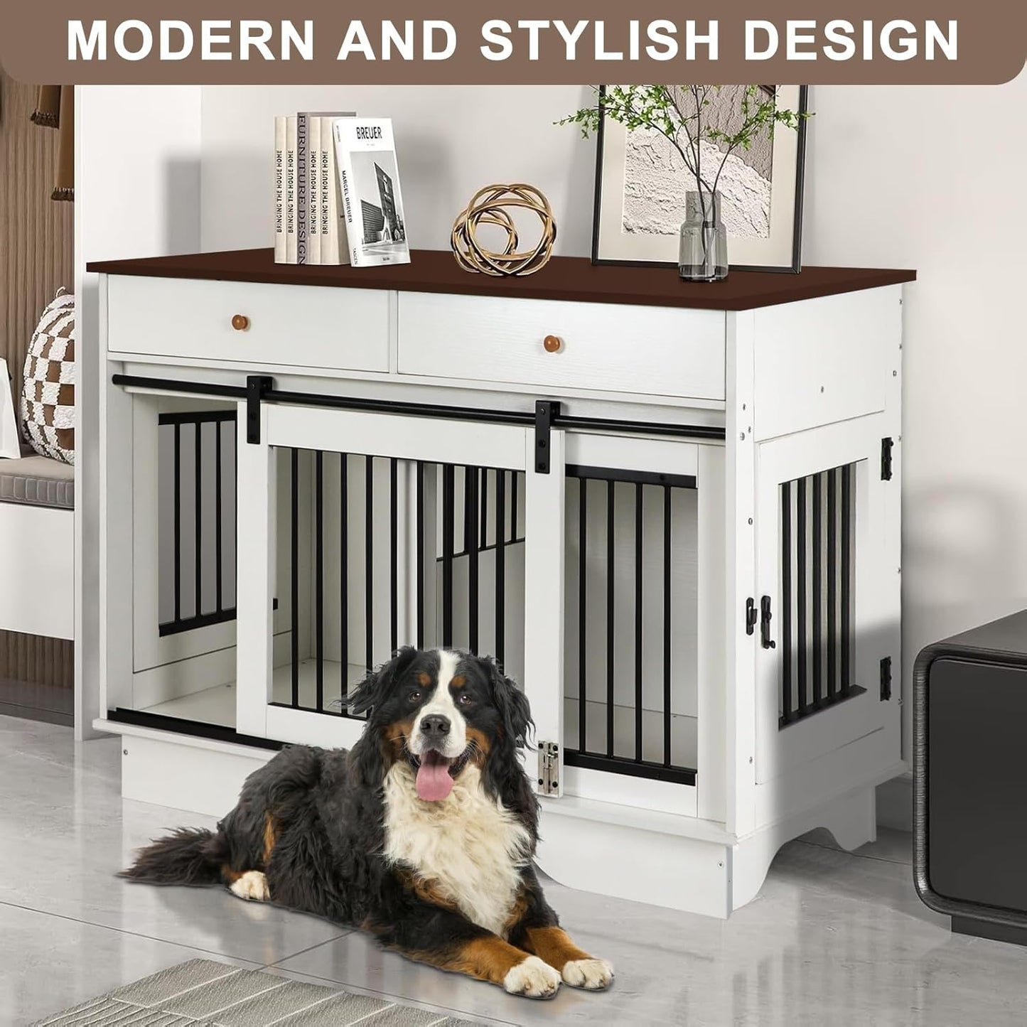 Dog Crate Furniture for 2 Dogs, Dog Kennel with 2 Storage Drawers & Divider, Large Double Dog Cage as TV Stand, Furniture Style Dog Crates with Sliding Barn Door (Brown & White)