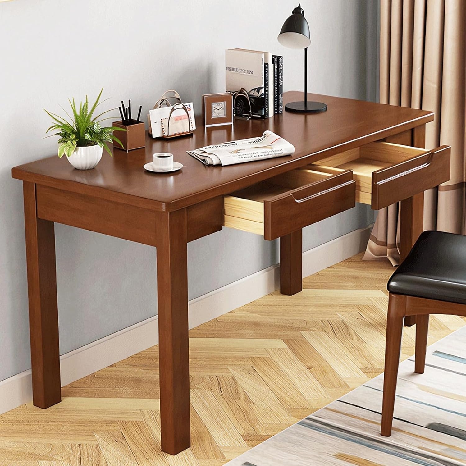 Solid Wood Writing Desk with Drawers, 47" Home Office Computer Desk, Wooden Simple Laptop Desk Study Table for Bedroom, Living Room, Walnut Finish