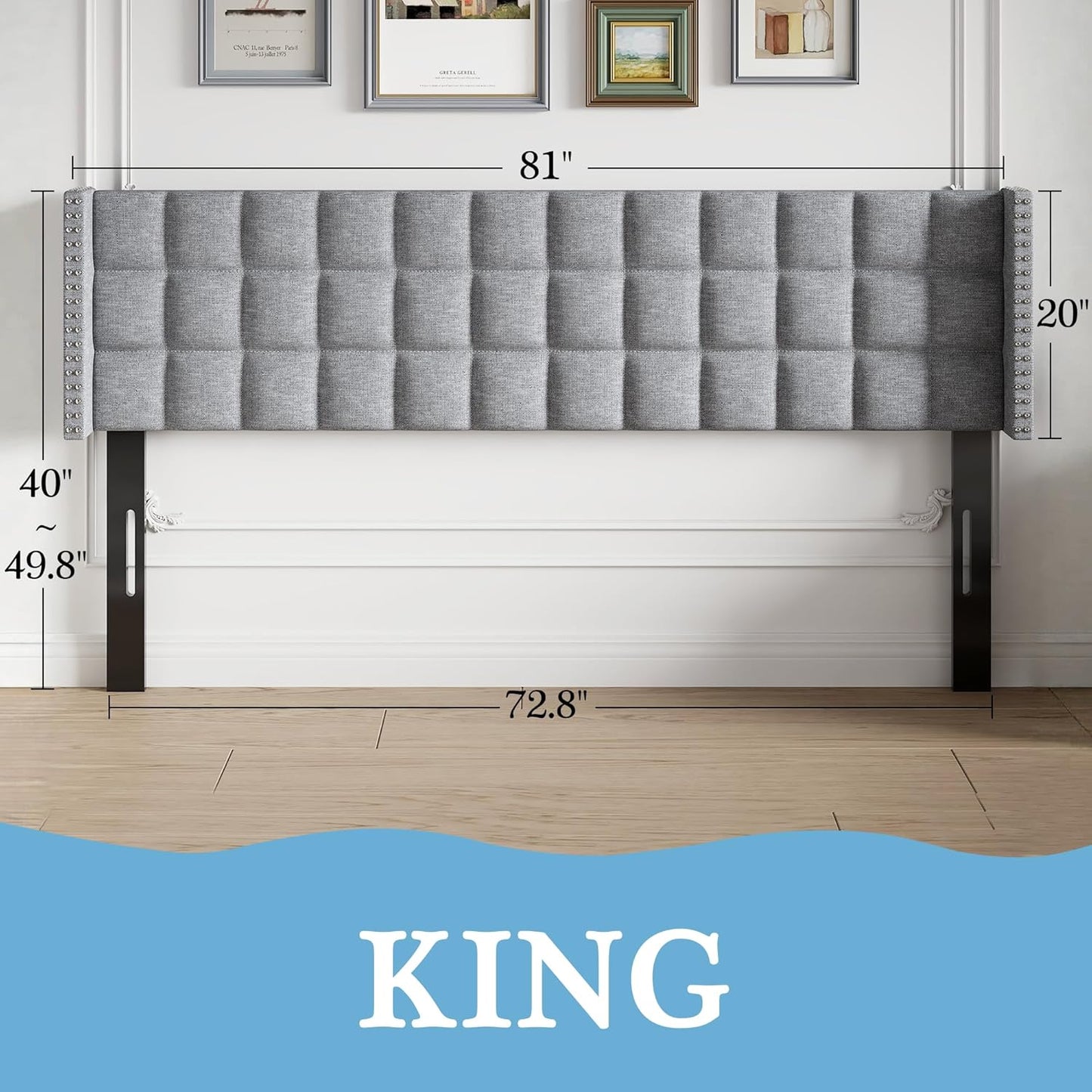 Headboard King Size, Linen Upholstered Headboards Only with Nailhead Trim Wingback, Square Stitched Design, Adjustable Height from 40" to 49.8", Light Grey