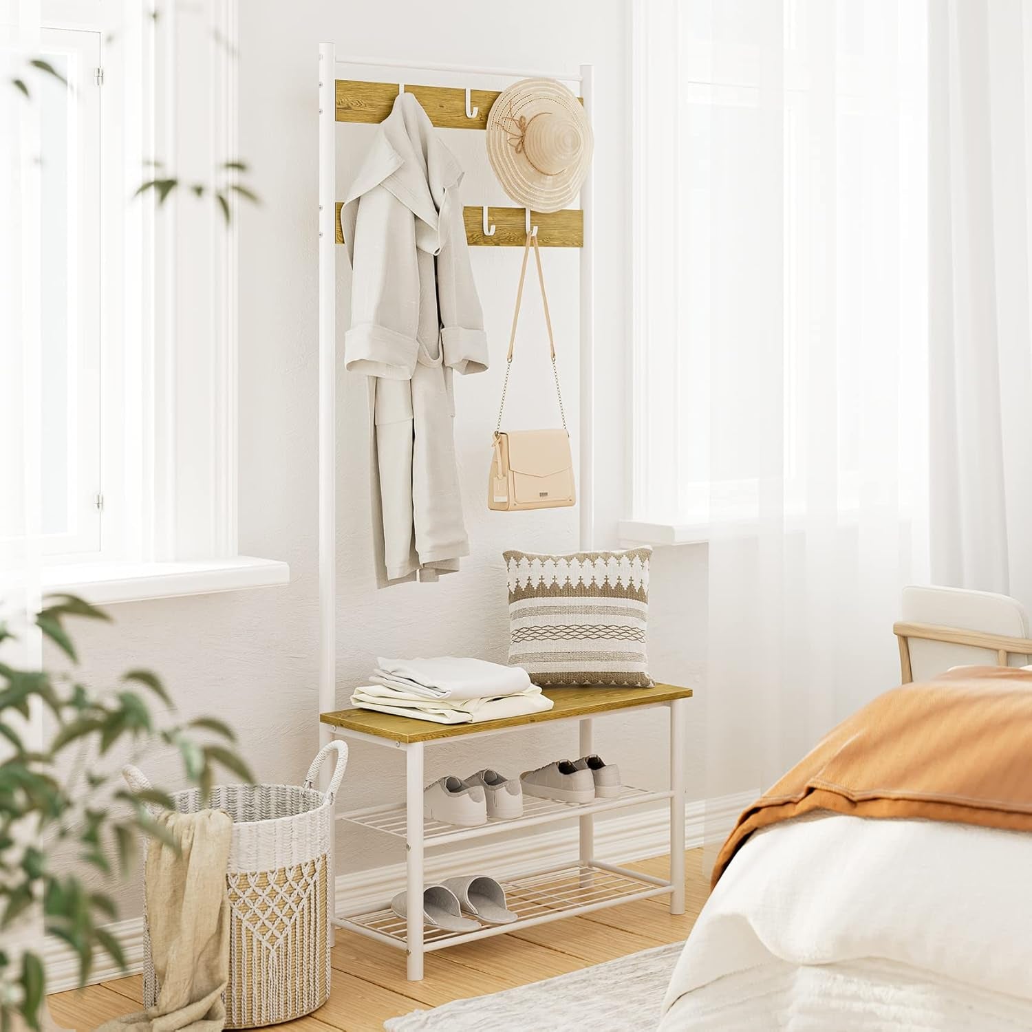 Hall Tree with Bench and Shoe Storage, 3-In-1 Coat Rack Shoe Bench, Freestanding Wooden Coat Rack with Metal Frame, 3-Tier Storage Shelf and 9 Removable Hooks, White/Walnut