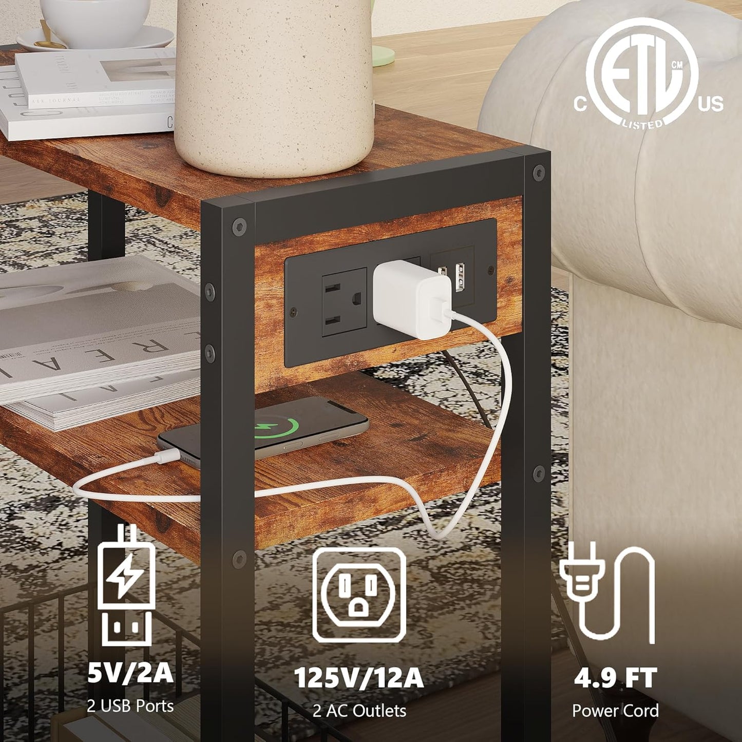 Narrow Side Table with Charging Station, Small End Table for Small Spaces, Slim Nightstand with Storage Basket, 3 Tier Skinny Bedside Table for Living Room, Bedroom, Rustic Brown