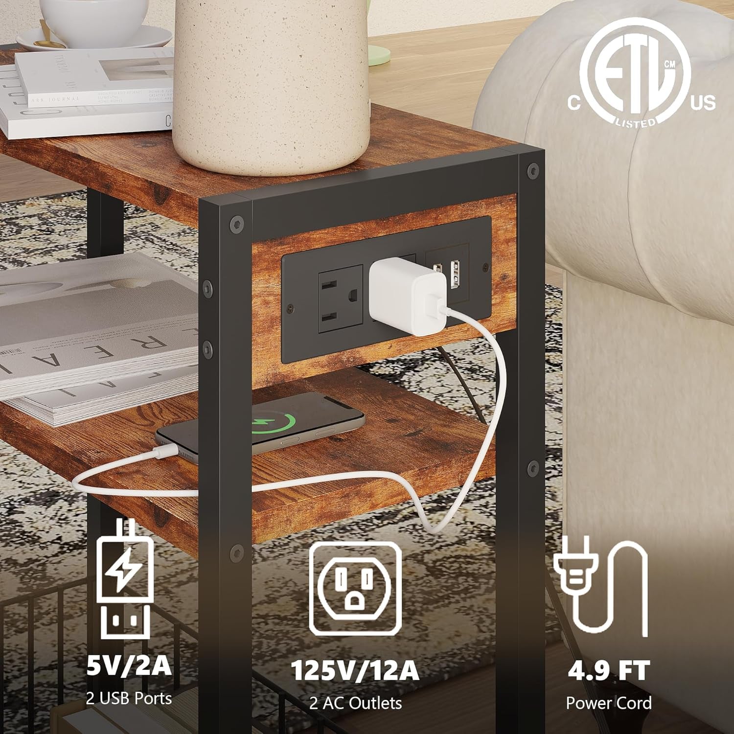 Narrow Side Table with Charging Station, Small End Table for Small Spaces, Slim Nightstand with Storage Basket, 3 Tier Skinny Bedside Table for Living Room, Bedroom, Rustic Brown