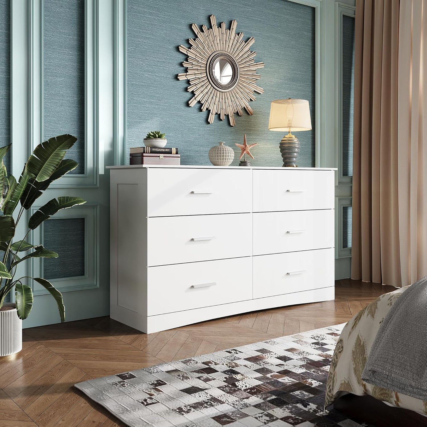 White Dresser with 6 Drawers, Wide Wood Chest of Drawers for Bedroom, Large White Storage Tower Unit, Modern Minimalist Closet Store Organizer for Living Room, Hallway