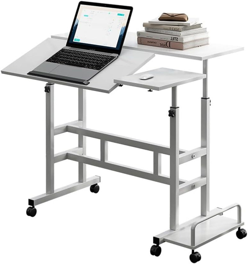 Portable Standing Desk Adjustable Height 26.4"-61", Mobile Computer Desk with Wheels, Tiltable Top & CPU Stand, Rolling Laptop Table Cart for Home Office, White