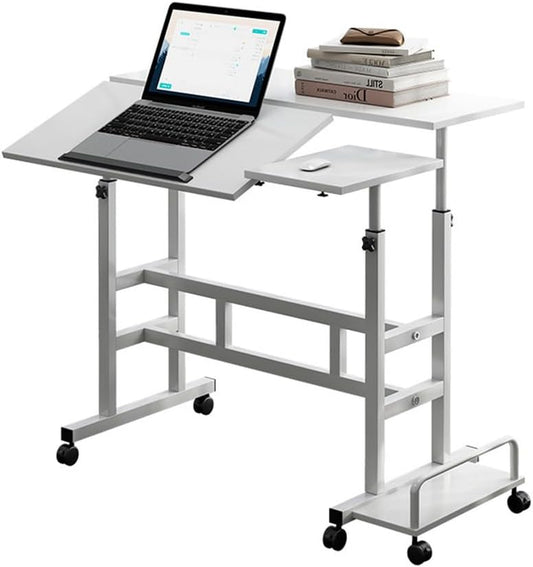 Portable Standing Desk Adjustable Height 26.4"-61", Mobile Computer Desk with Wheels, Tiltable Top & CPU Stand, Rolling Laptop Table Cart for Home Office, White