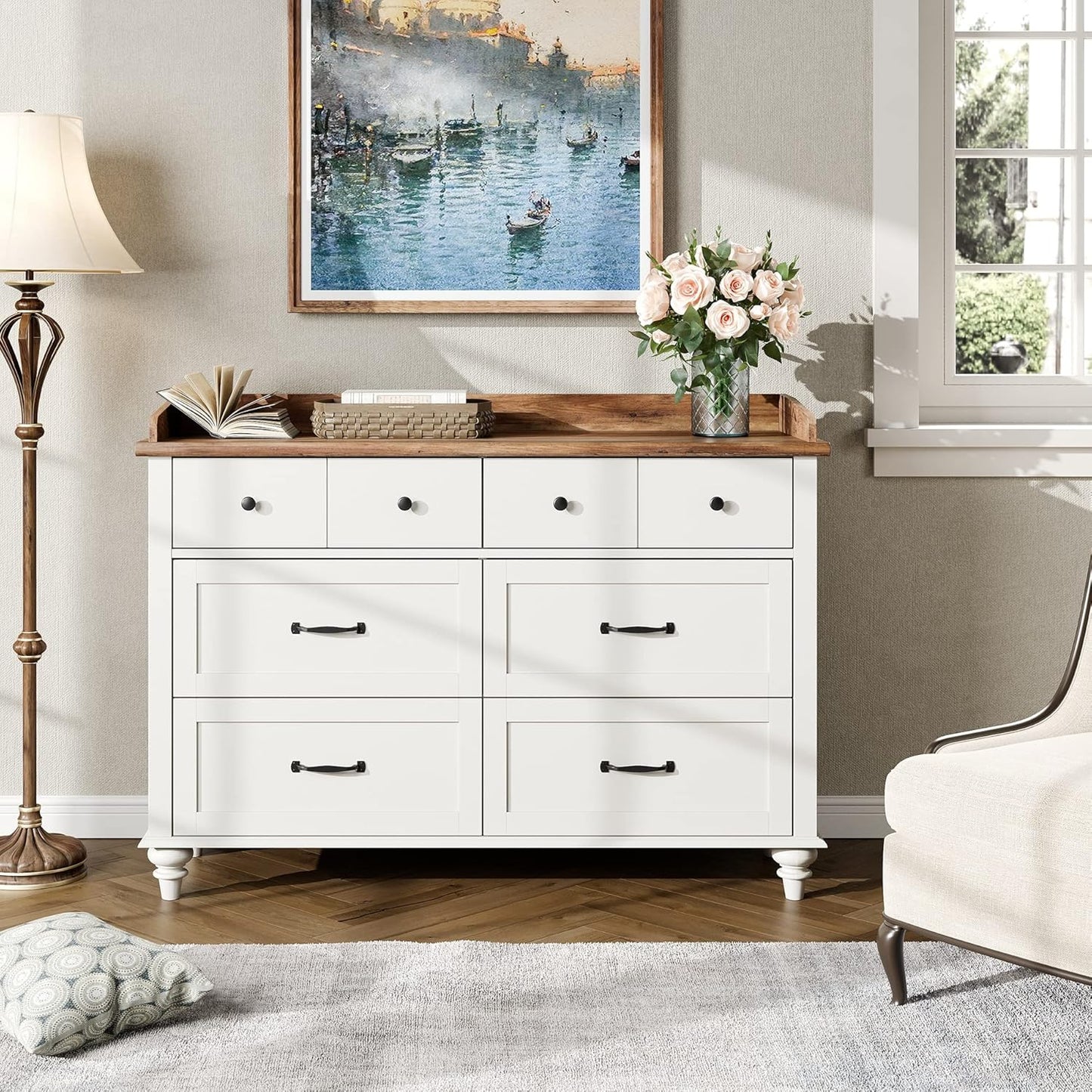 2 Piece Bedroom Set - Includes Mid Century 6 Drawer Dresser, Side Table with Charging Station & Storage Cabinet, 2 Piece Dresser and Nightstand Sets, White