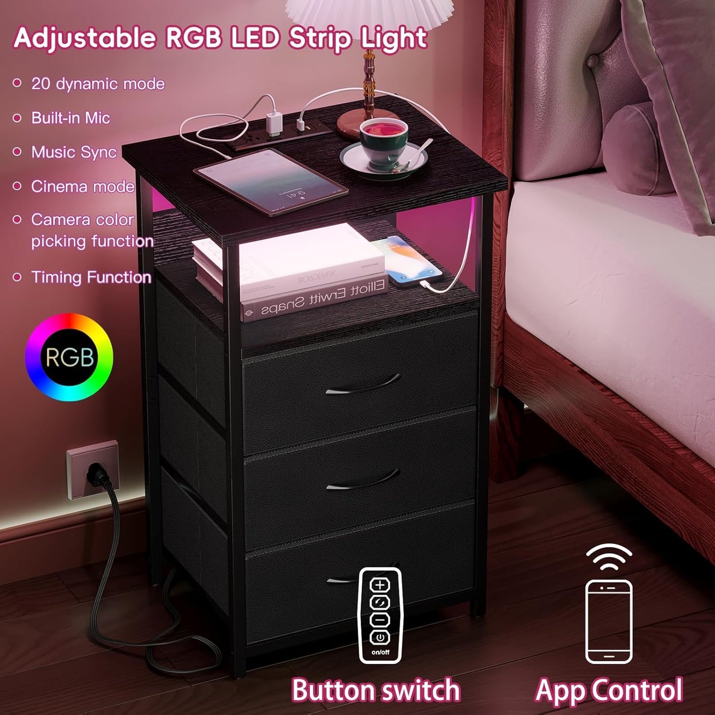 Night Stand with Charging Station, LED Nightstand with U-S-B Ports and Outlets, 3 Fabric Storage Drawers with PU Finish, Bedside Table, Black