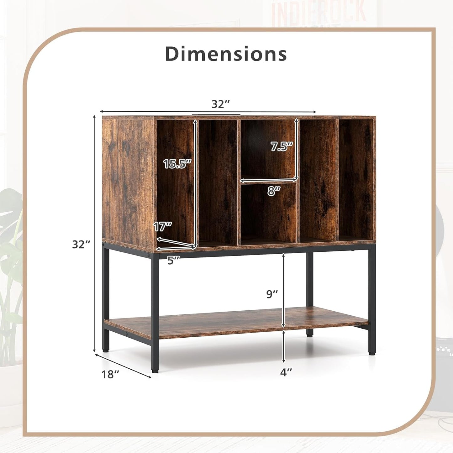 Record Player Stand with Charging Station, Turntable Stand with Storage Shelves Hold up to 150+ Albums, Record Player Table with Metal Frame, Vinyl Record Storage for Music Living Room, Brown