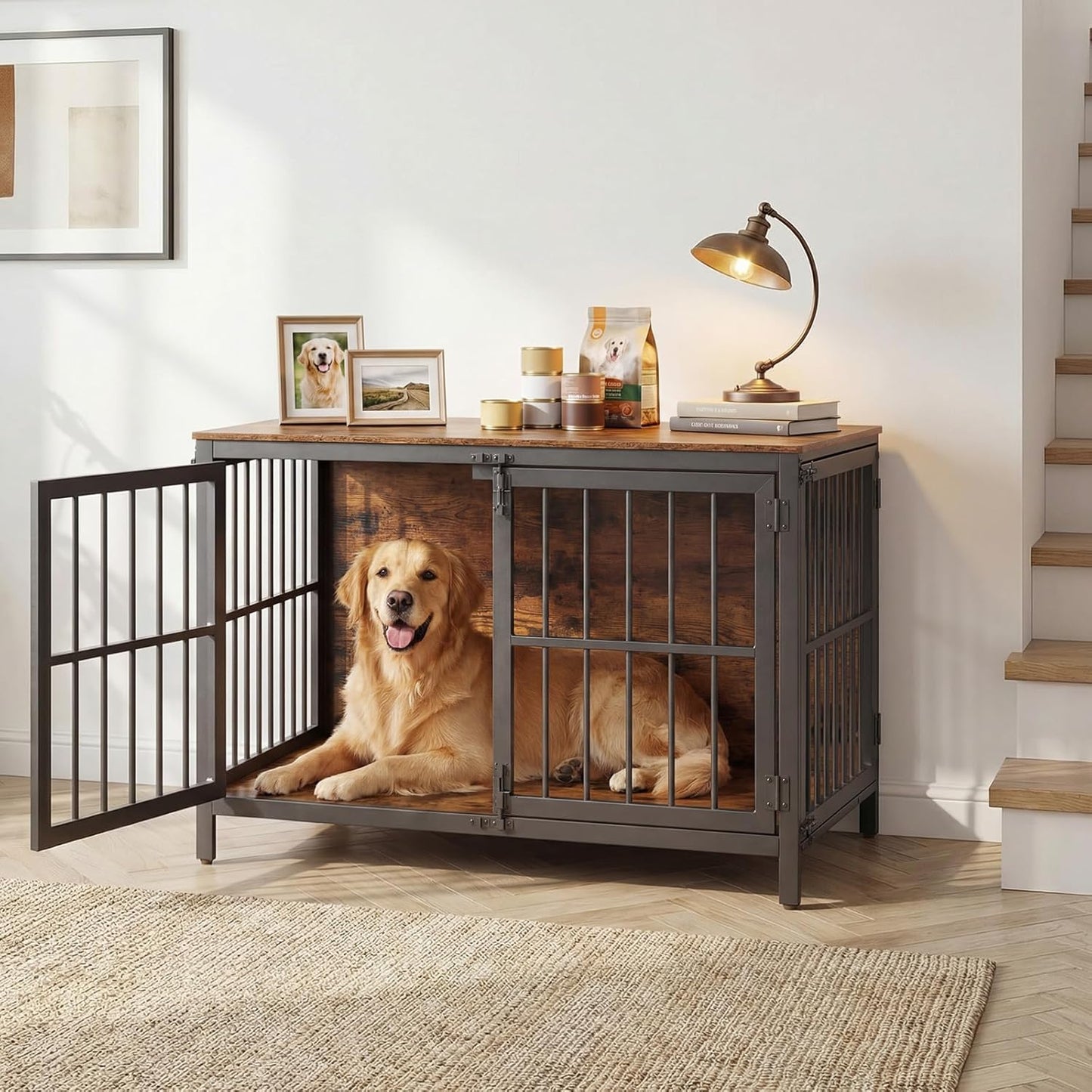 Heavy Duty Dog Crate Furniture, 39.4" Wooden Indoor Kennel with 3 Doors, Chew Resistant Metal Cage for Medium and Large Breeds, Dog Crate Side Table, Black and Rustic Brown BF101GW03