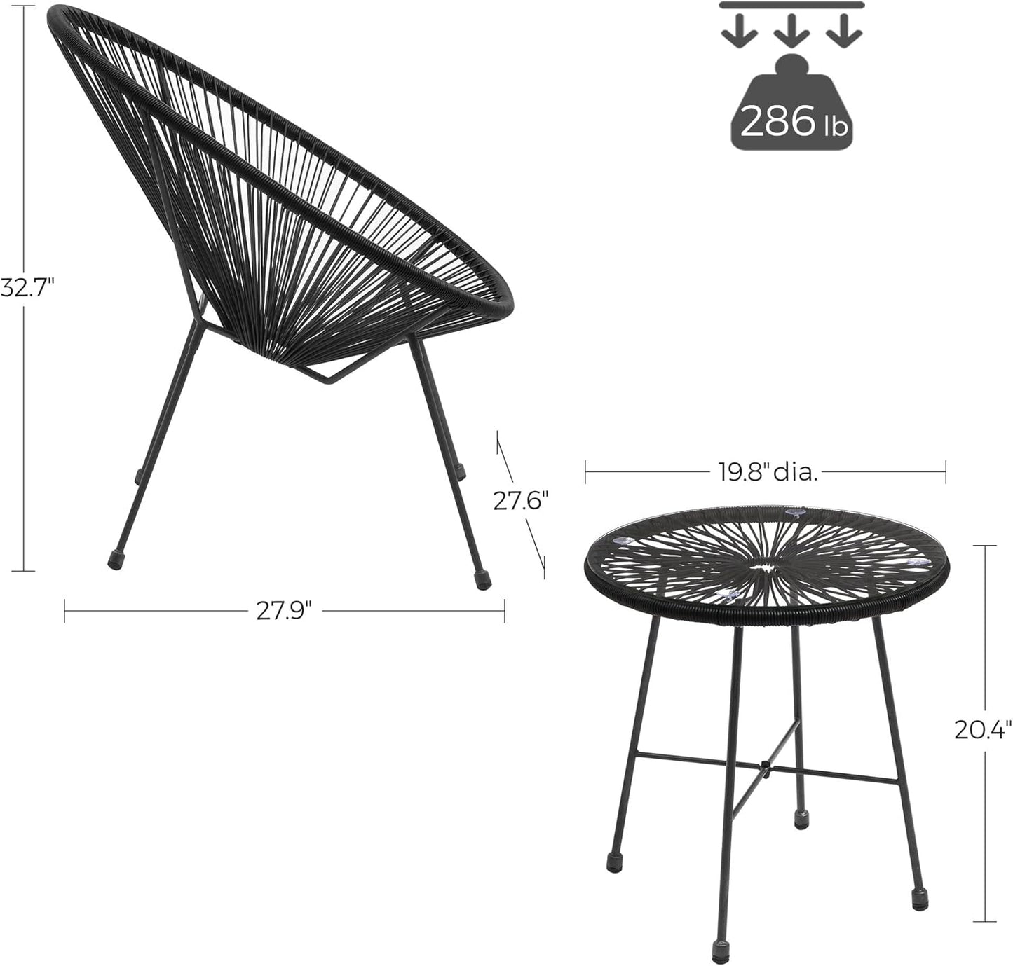 3-Piece Outdoor Seating Acapulco Chair, Modern Patio Furniture Set, Glass Top Table and 2 Chairs, Indoor and Outdoor Conversation Bistro Set, Ink Black UGGF011B01