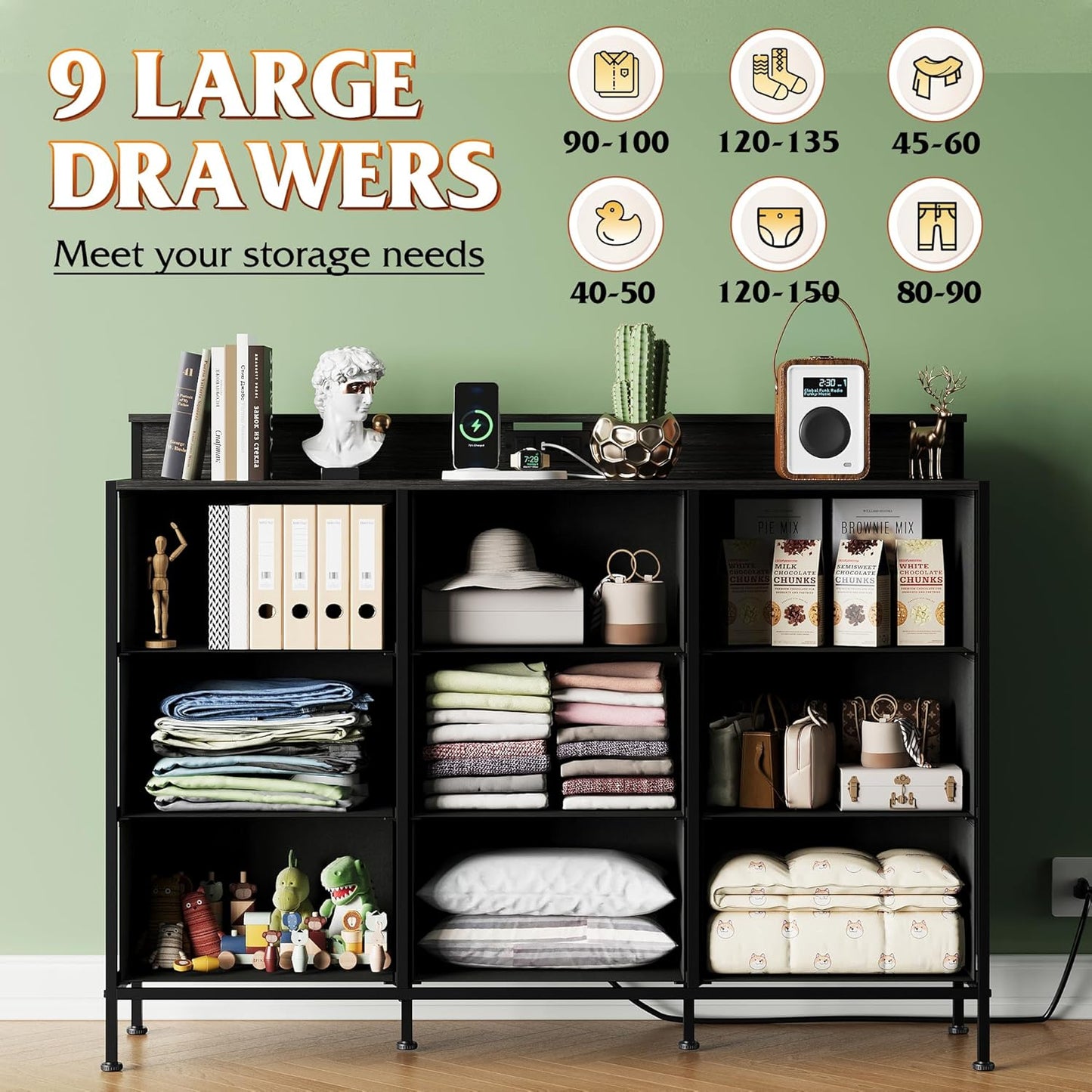 Black Dresser TV Stand for 45, 50, 55 Inch TV, Entertainment Center with LED Lights & Charging Station, Chest of Drawers with 9 Fabric Drawers and Open Shelves for Living Room, Hallway, Wood Top