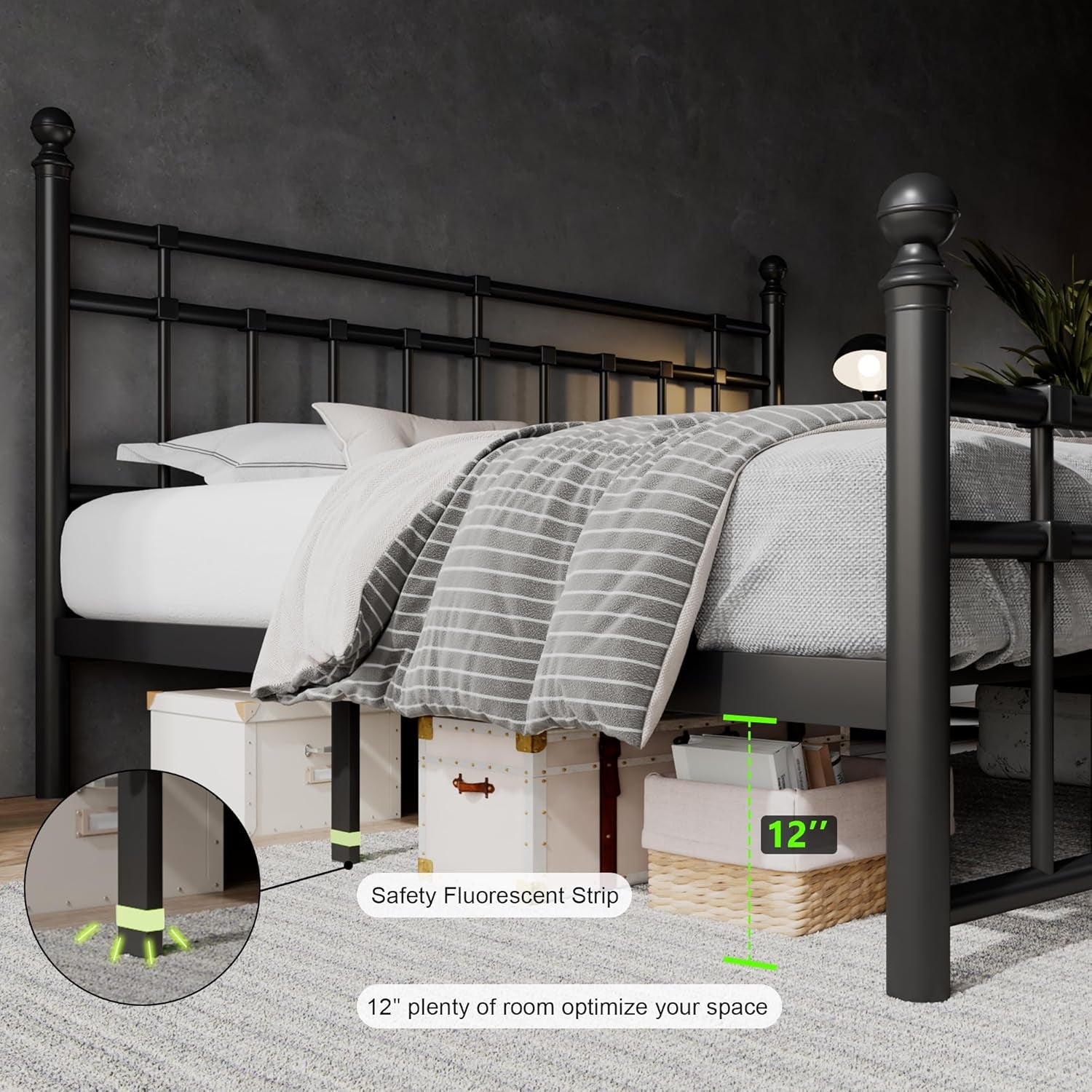 King Size Metal Platform Bed Frame with Victorian Classic Iron-Art Headboard & Footboard, Steel Slats Support, 12" under Bed Storage, No Box Spring Needed, Easy Assembly, Noise-Free, Black