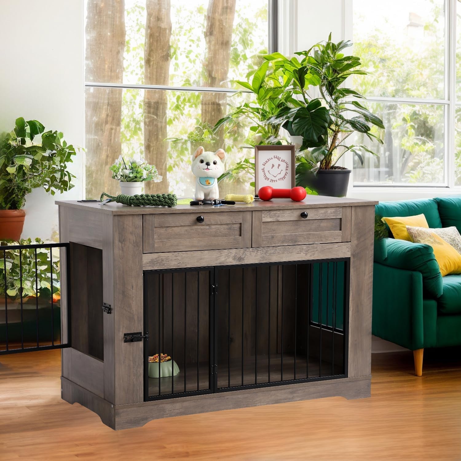 Large Dog Crate Furniture-Decorative Heavy Duty Dog Cage Indoor, Wooden Dog Cage End Table with Charging Station, Dog House with 2 Drawers (Gray, 47.2''L)