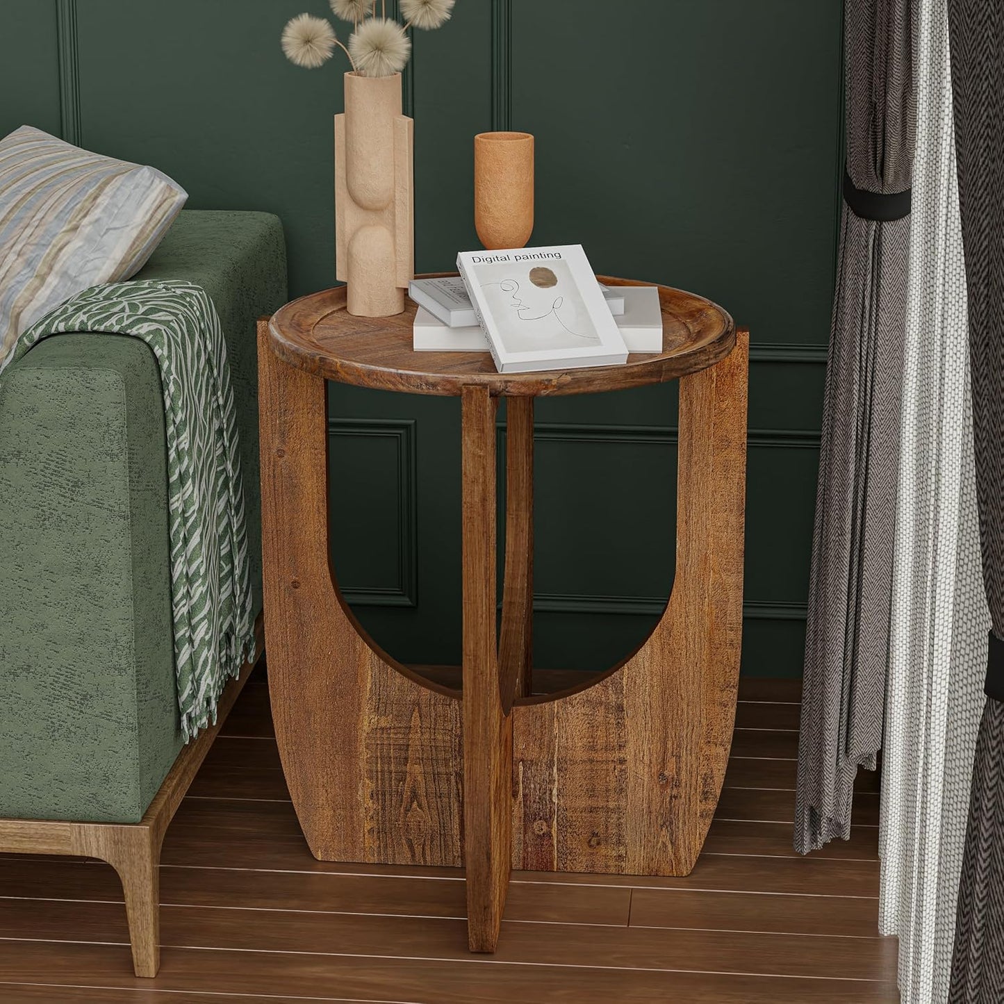Rustic Farmhouse End Table, French Country Accent Side Table for Family, Dinning or Living Room, Small Spaces, Modern, Round, Brown End Table