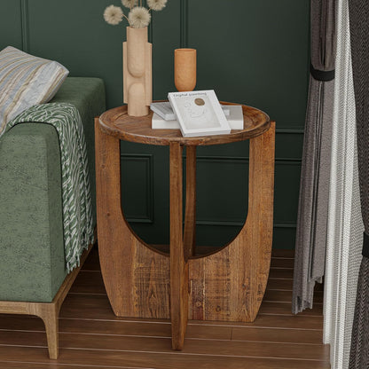 Rustic Farmhouse End Table, French Country Accent Side Table for Family, Dinning or Living Room, Small Spaces, Modern, Round, Brown End Table