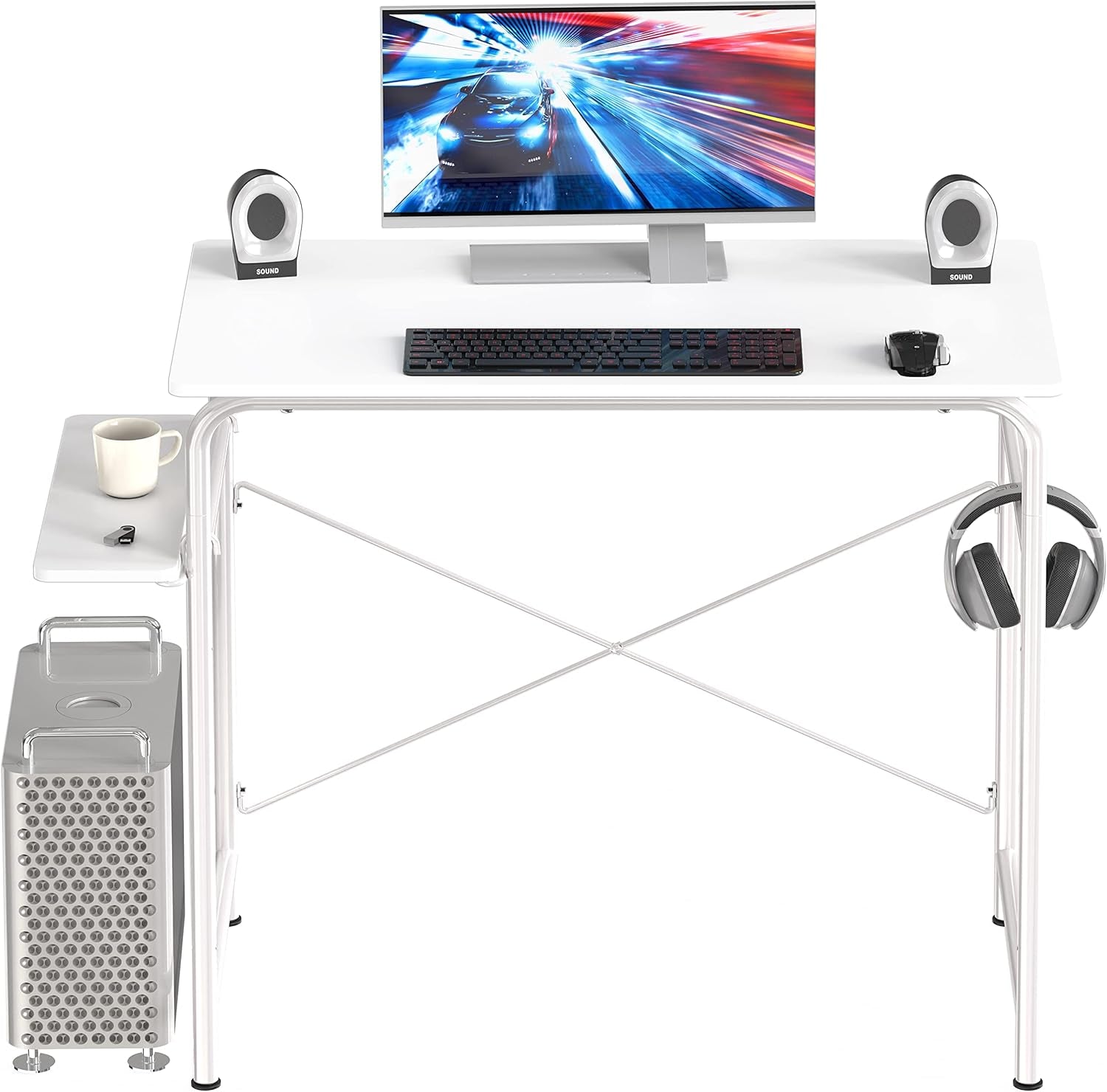 Small Gaming Home Office Computer Desk with Shelf, White