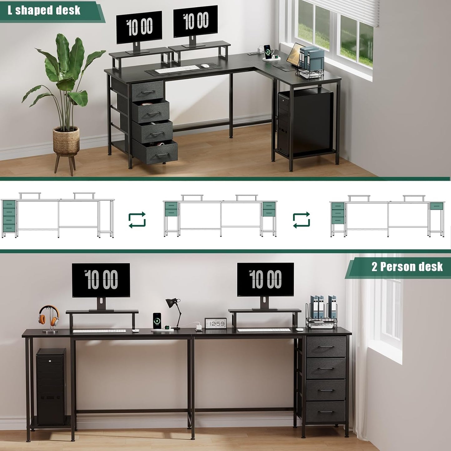 59 Inch L Shaped Computer Desk with Power Outlets, Home Office Desk with 4 Adjustable Storage Drawers & 2 Monitor Stands, Two Person Gaming Table for Bedroom, Black